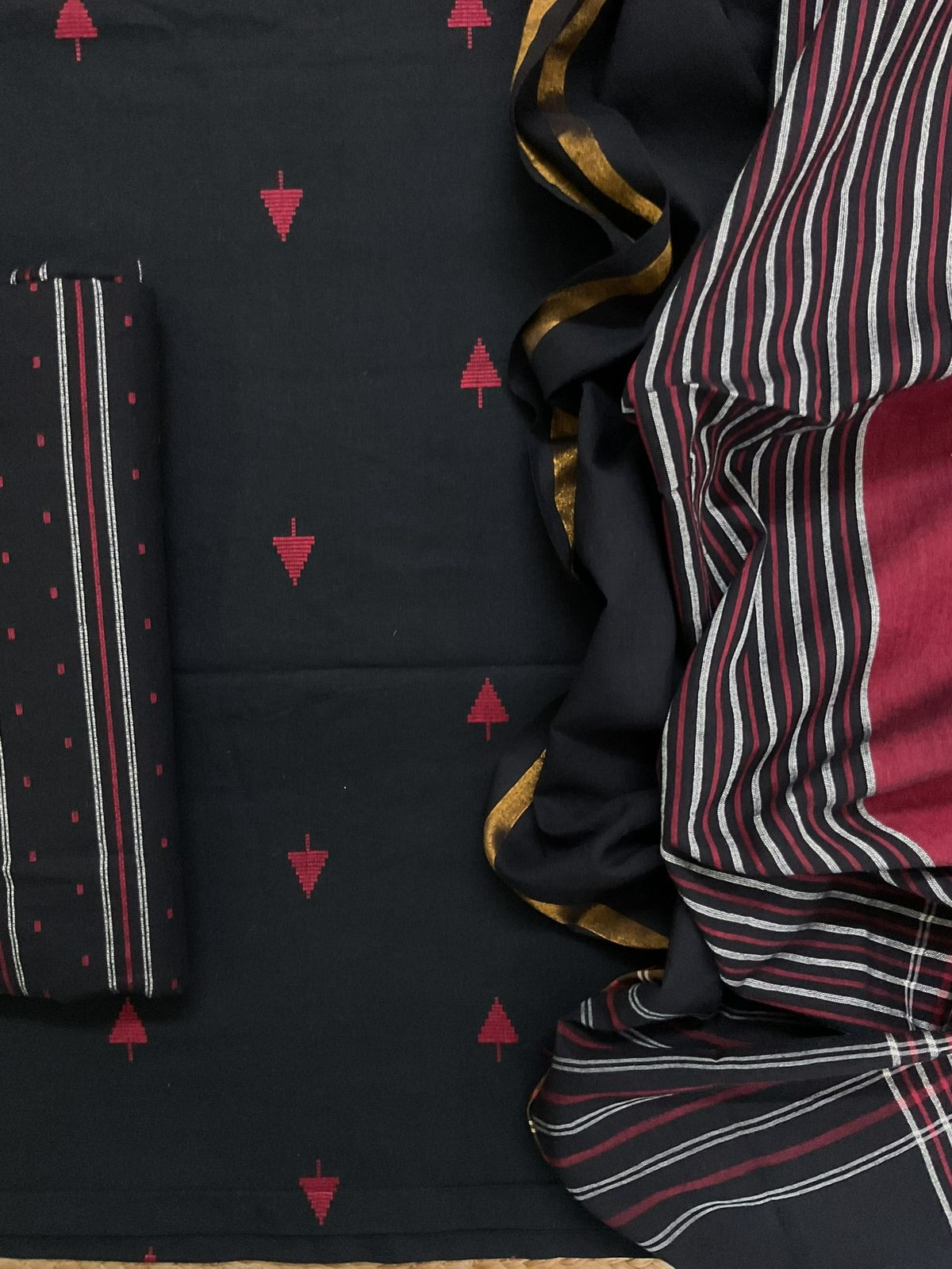 Pure Handloom Cotton Self Weaved Suit - Black