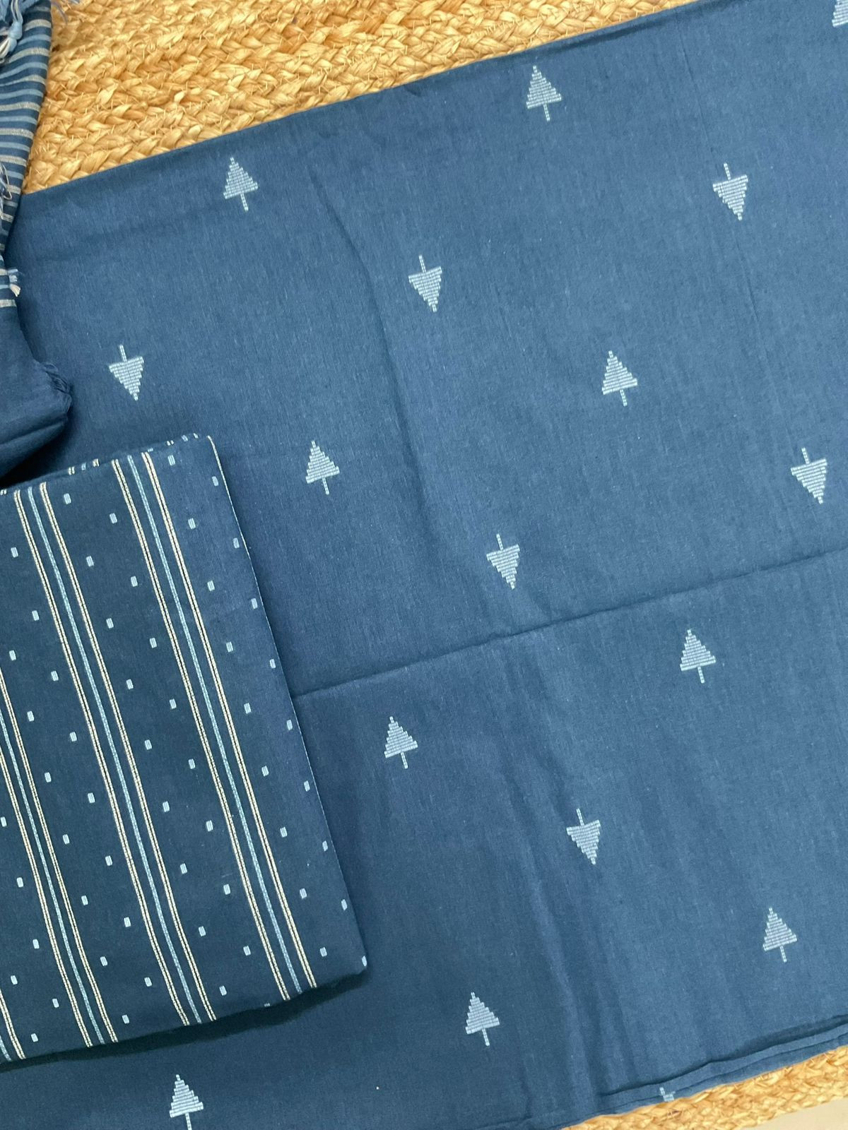 Pure Handloom Cotton Self Weaved Suit - Blue