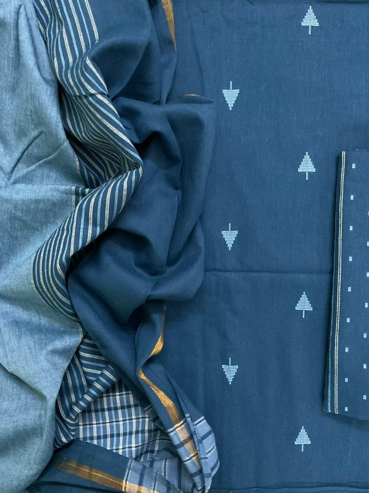 Pure Handloom Cotton Self Weaved Suit - Blue