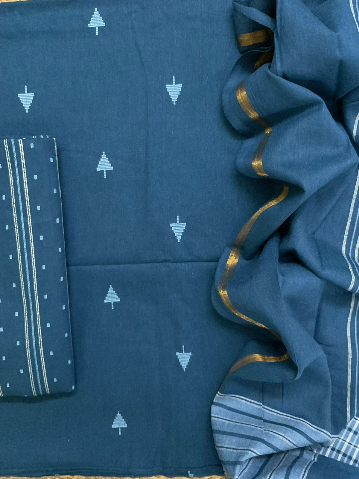 Pure Handloom Cotton Self Weaved Suit - Blue