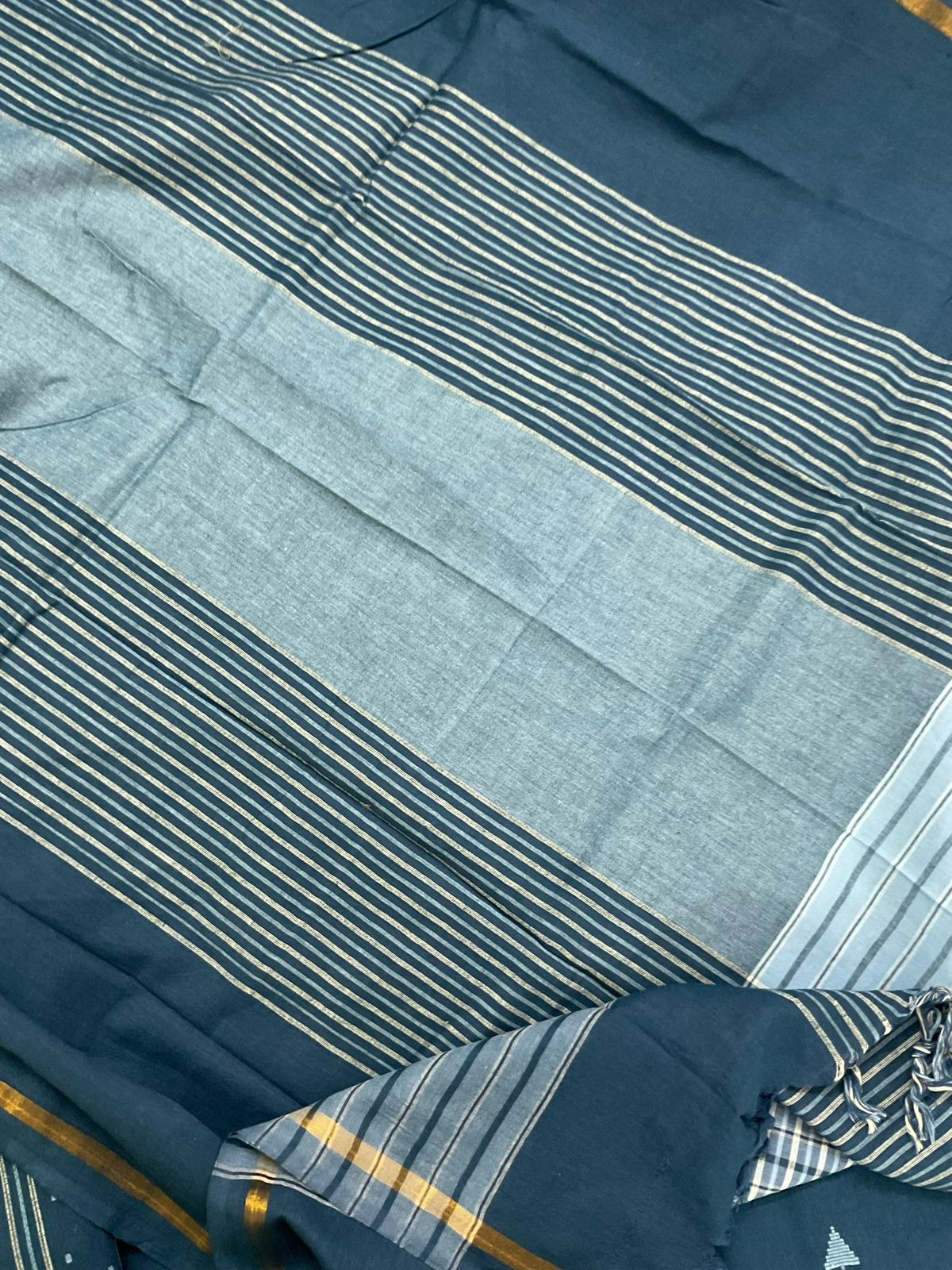 Pure Handloom Cotton Self Weaved Suit - Blue