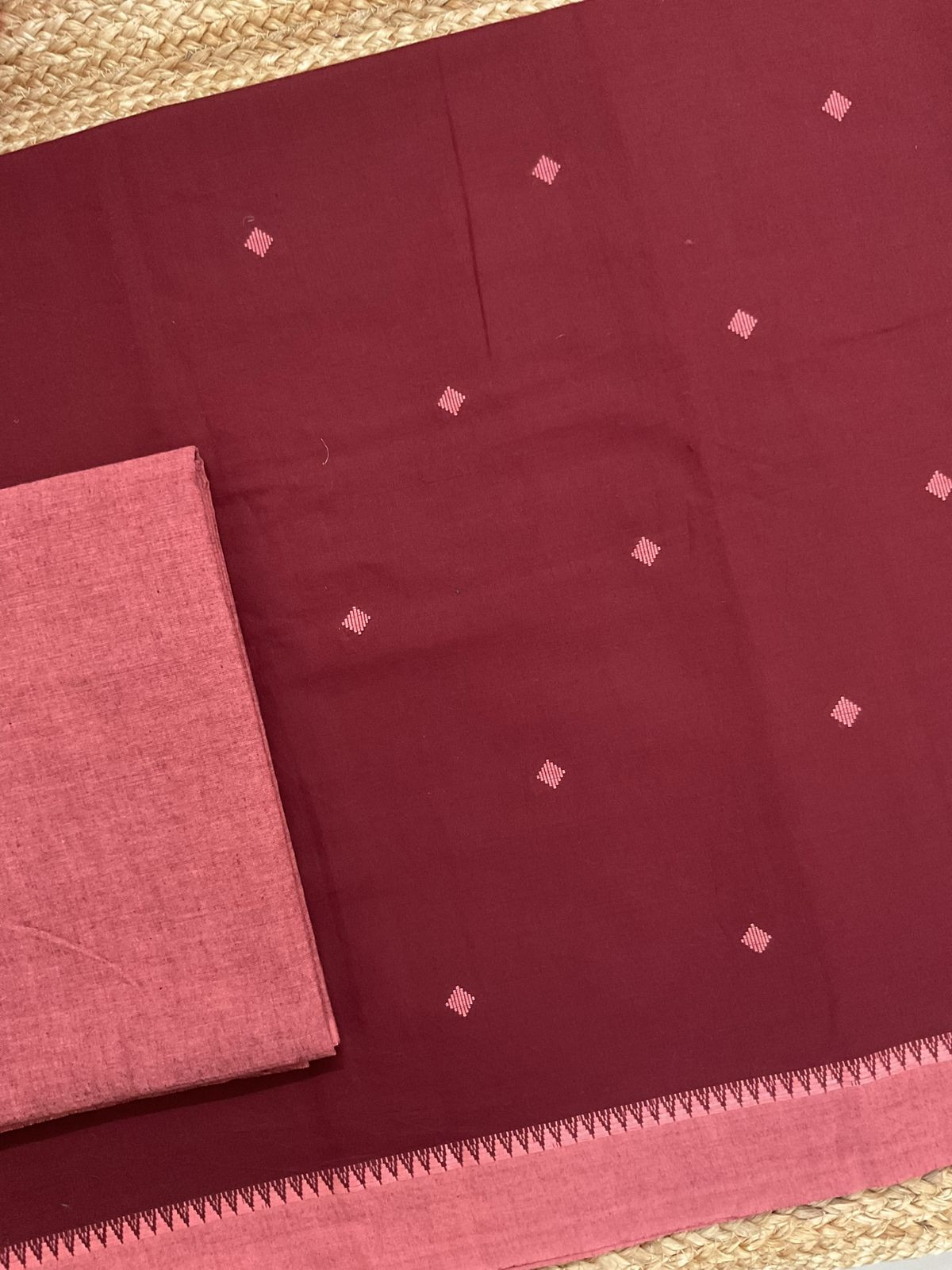 Pure Handloom Cotton Self Weaved Suit - Maroon