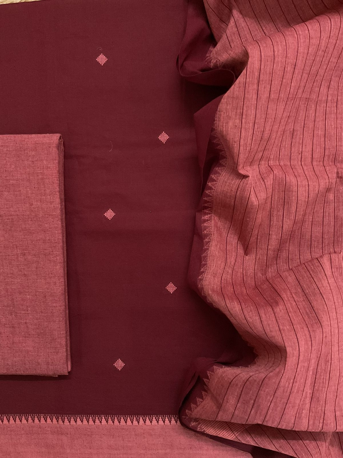 Pure Handloom Cotton Self Weaved Suit - Maroon