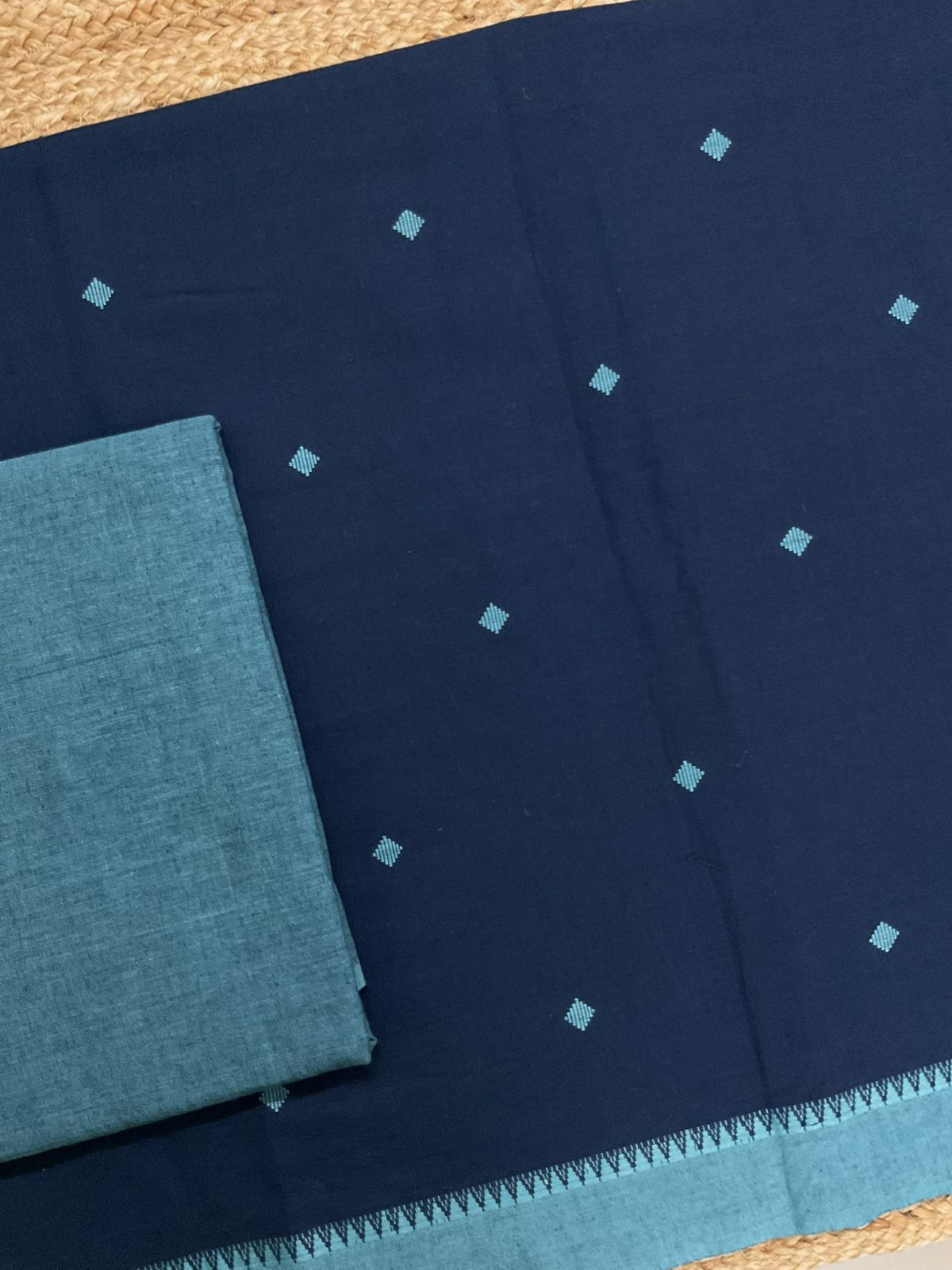 Pure Handloom Cotton Self Weaved Suit - Blue