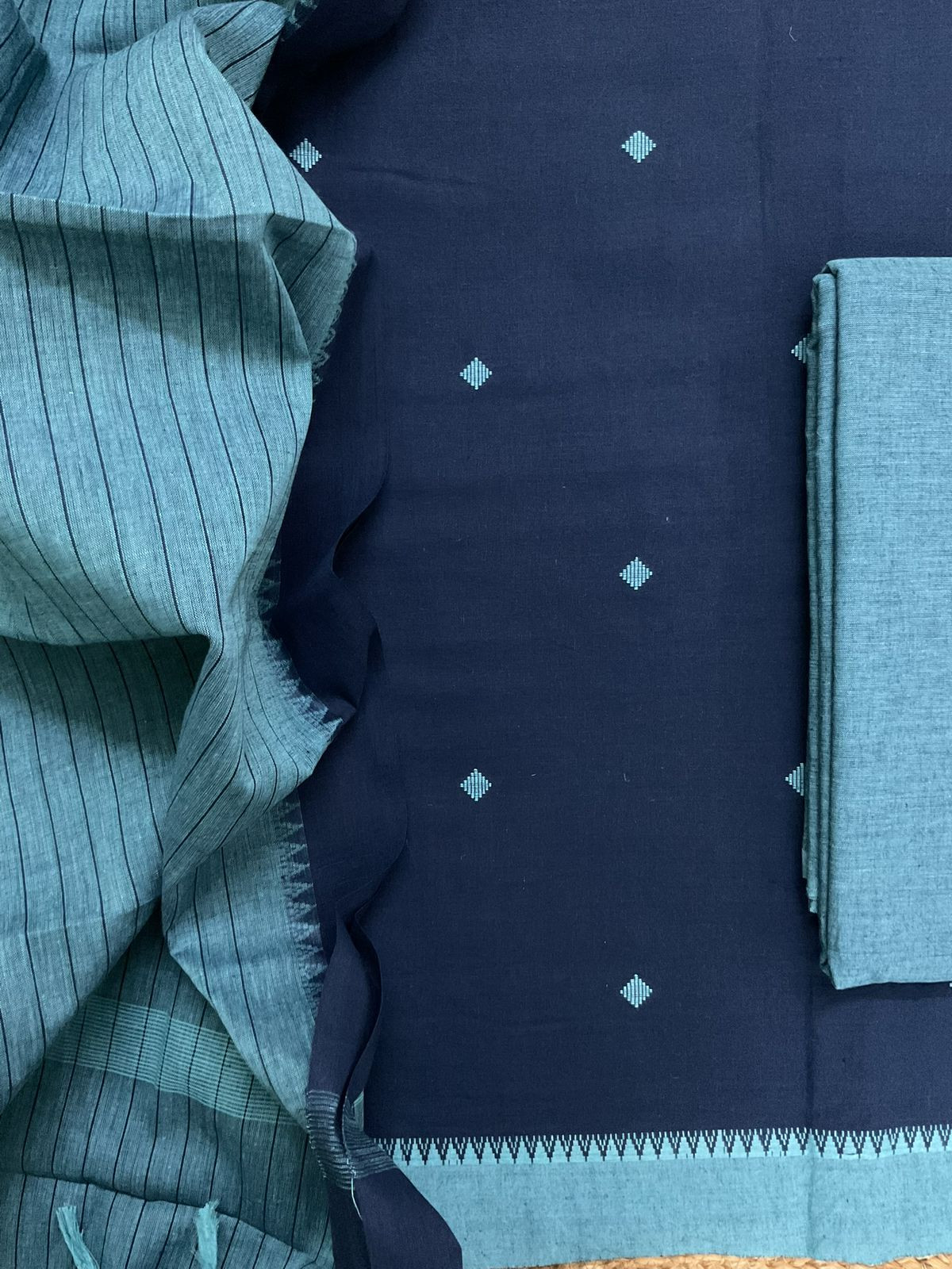 Pure Handloom Cotton Self Weaved Suit - Blue