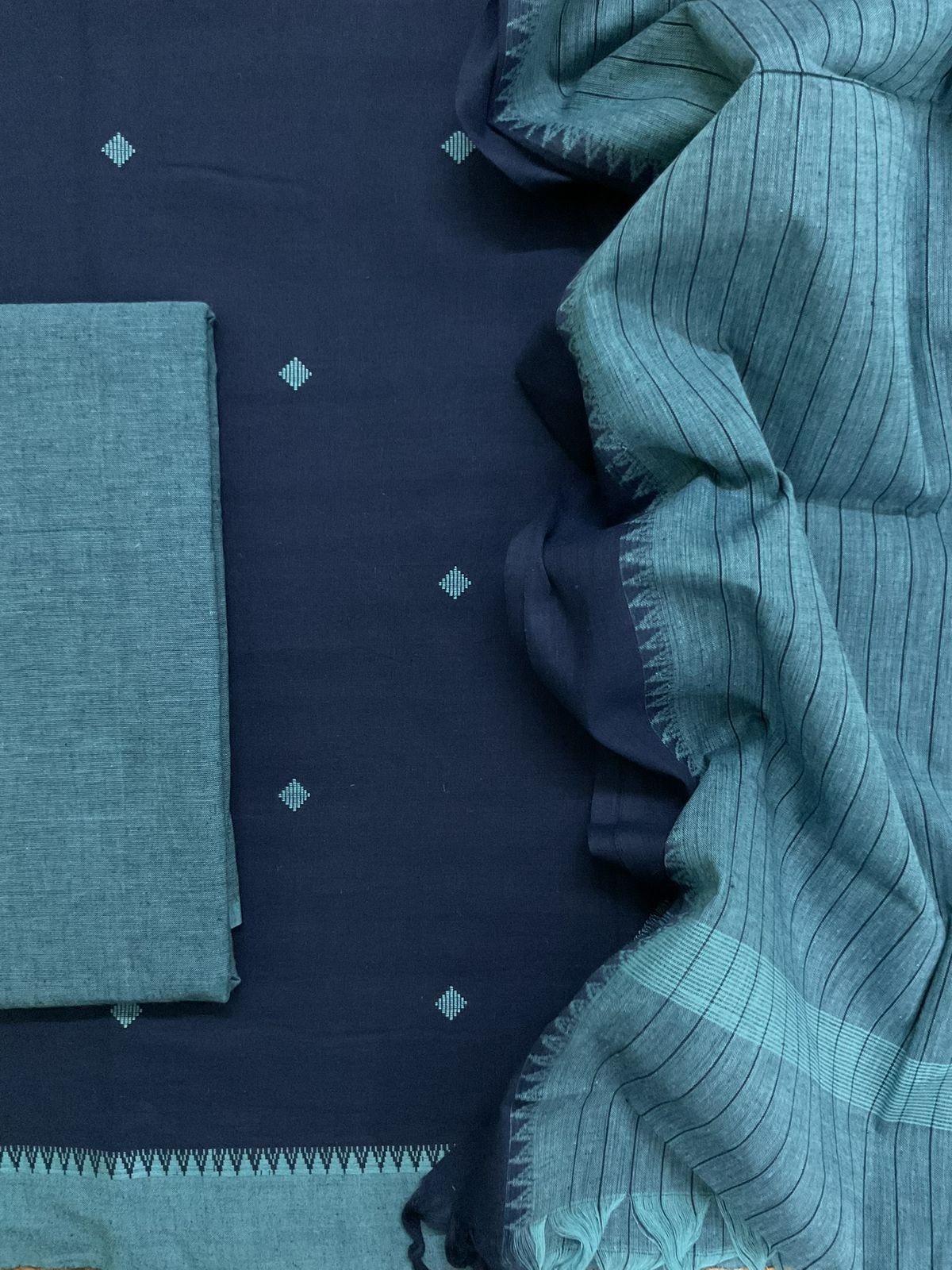 Pure Handloom Cotton Self Weaved Suit - Blue