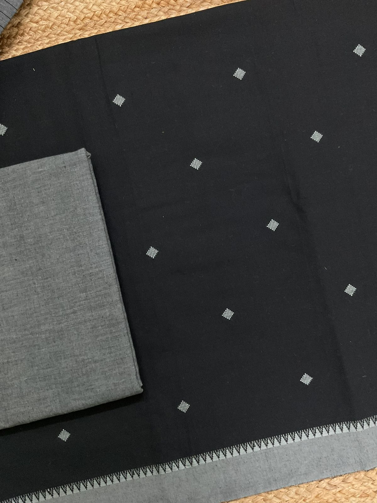 Pure Handloom Cotton Self Weaved Suit - Black