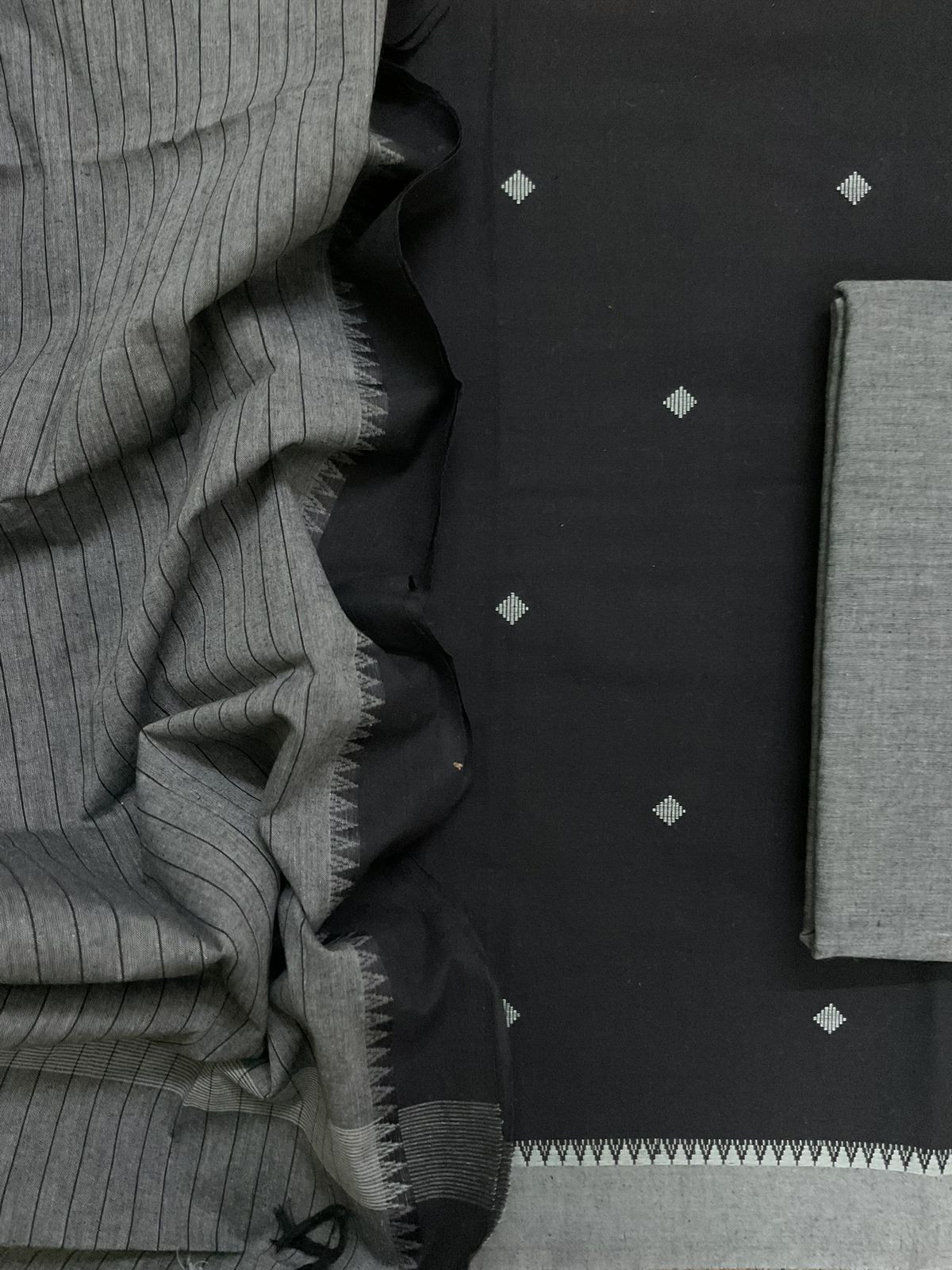 Pure Handloom Cotton Self Weaved Suit - Black