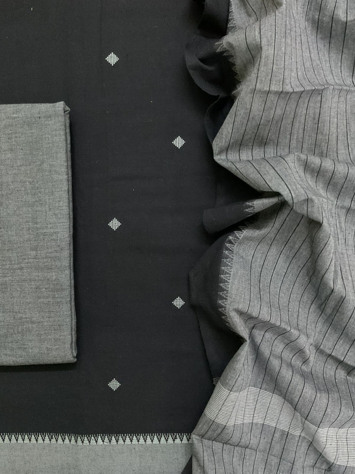 Pure Handloom Cotton Self Weaved Suit - Black