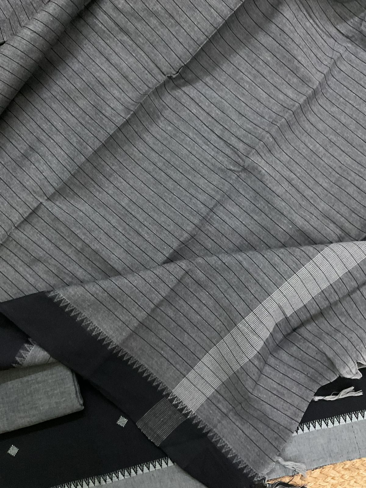 Pure Handloom Cotton Self Weaved Suit - Black