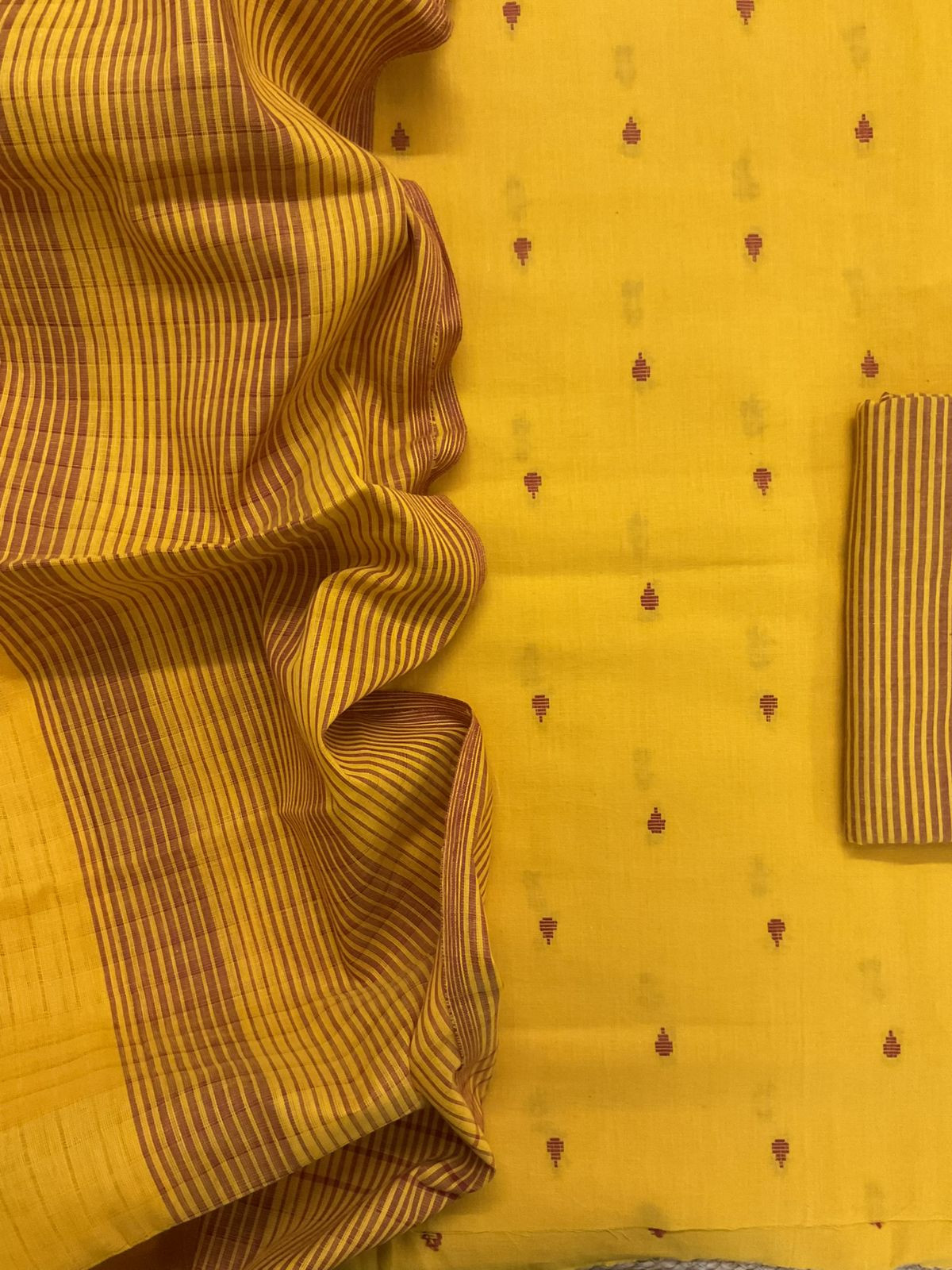 Pure Handloom Cotton Self Weaved Suit - Yellow
