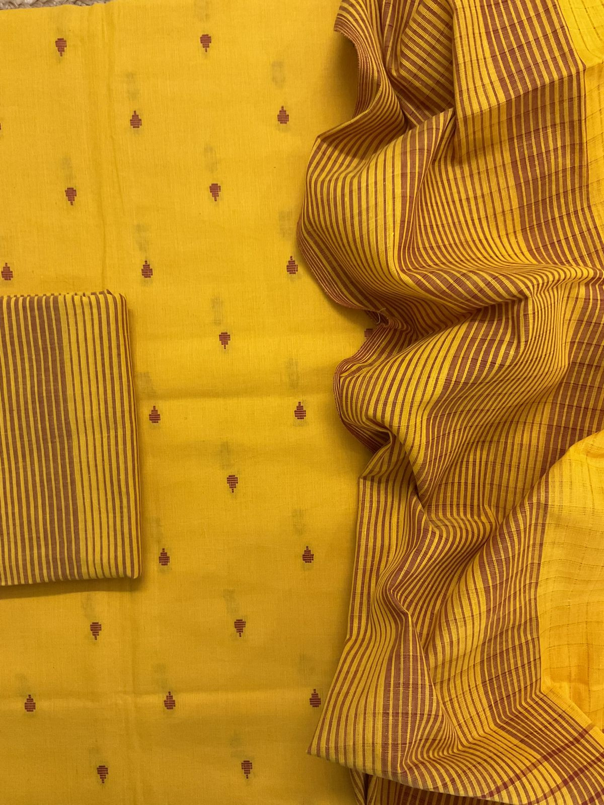 Pure Handloom Cotton Self Weaved Suit - Yellow
