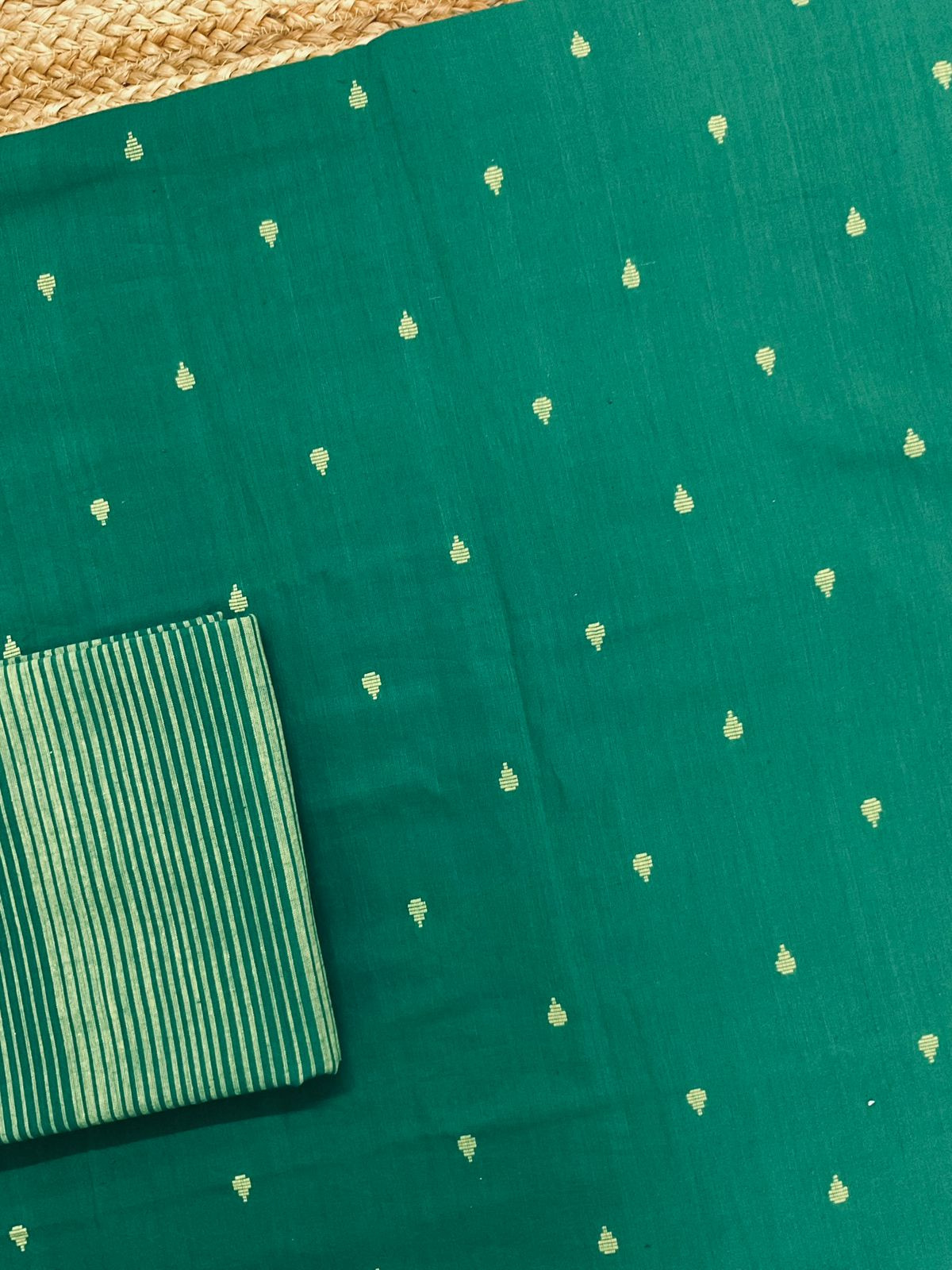 Pure Handloom Cotton Self Weaved Suit - Green
