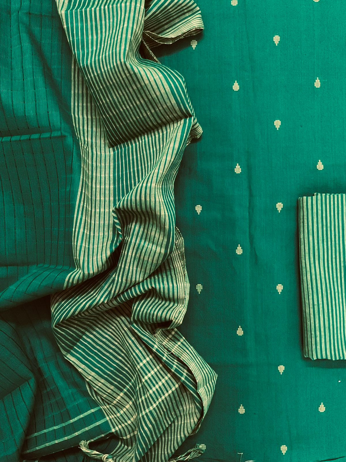 Pure Handloom Cotton Self Weaved Suit - Green