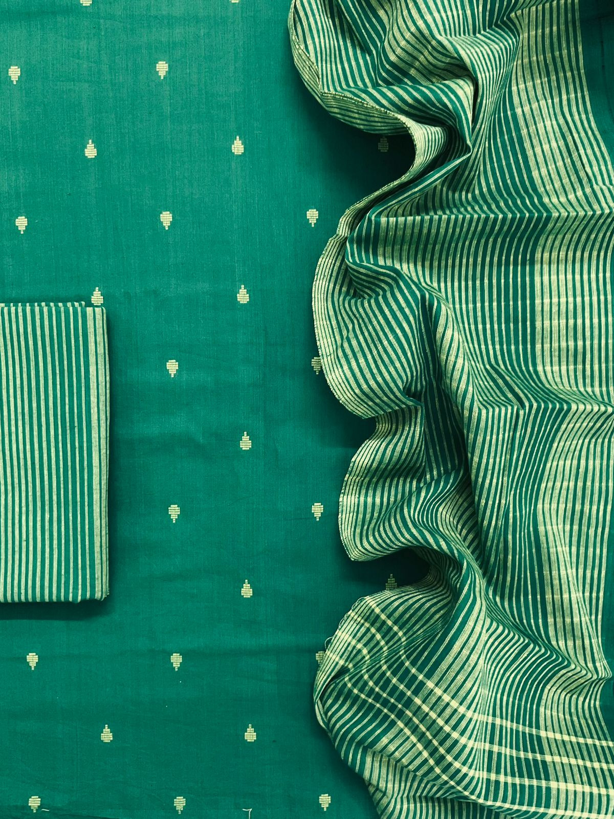 Pure Handloom Cotton Self Weaved Suit - Green