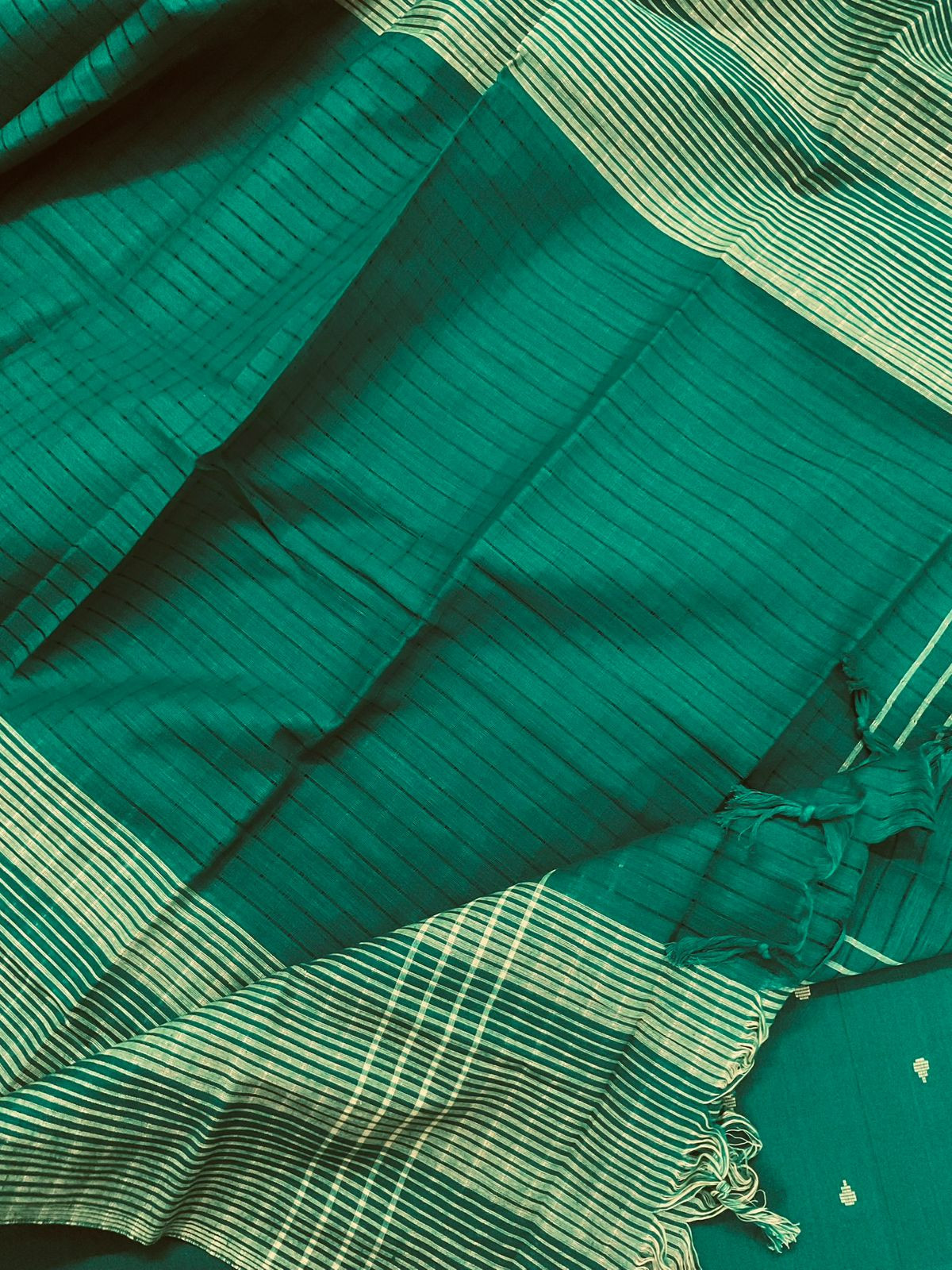 Pure Handloom Cotton Self Weaved Suit - Green