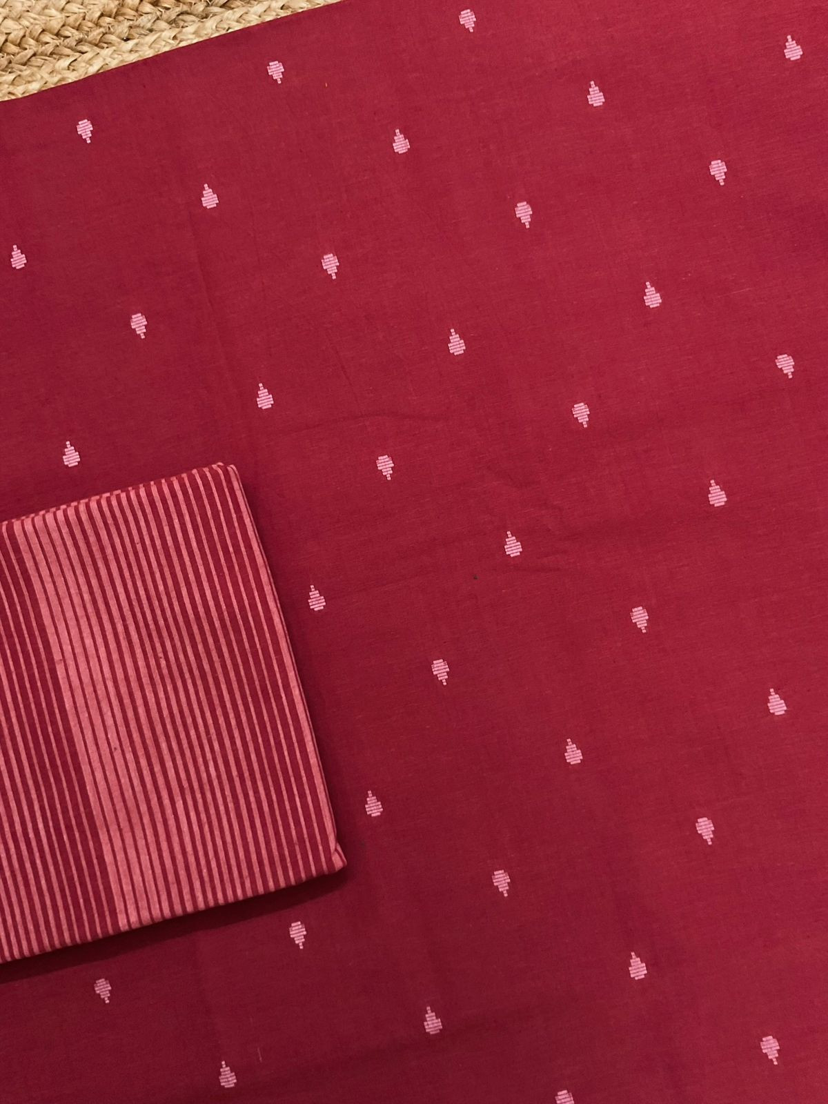 Pure Handloom Cotton Self Weaved Suit - Red