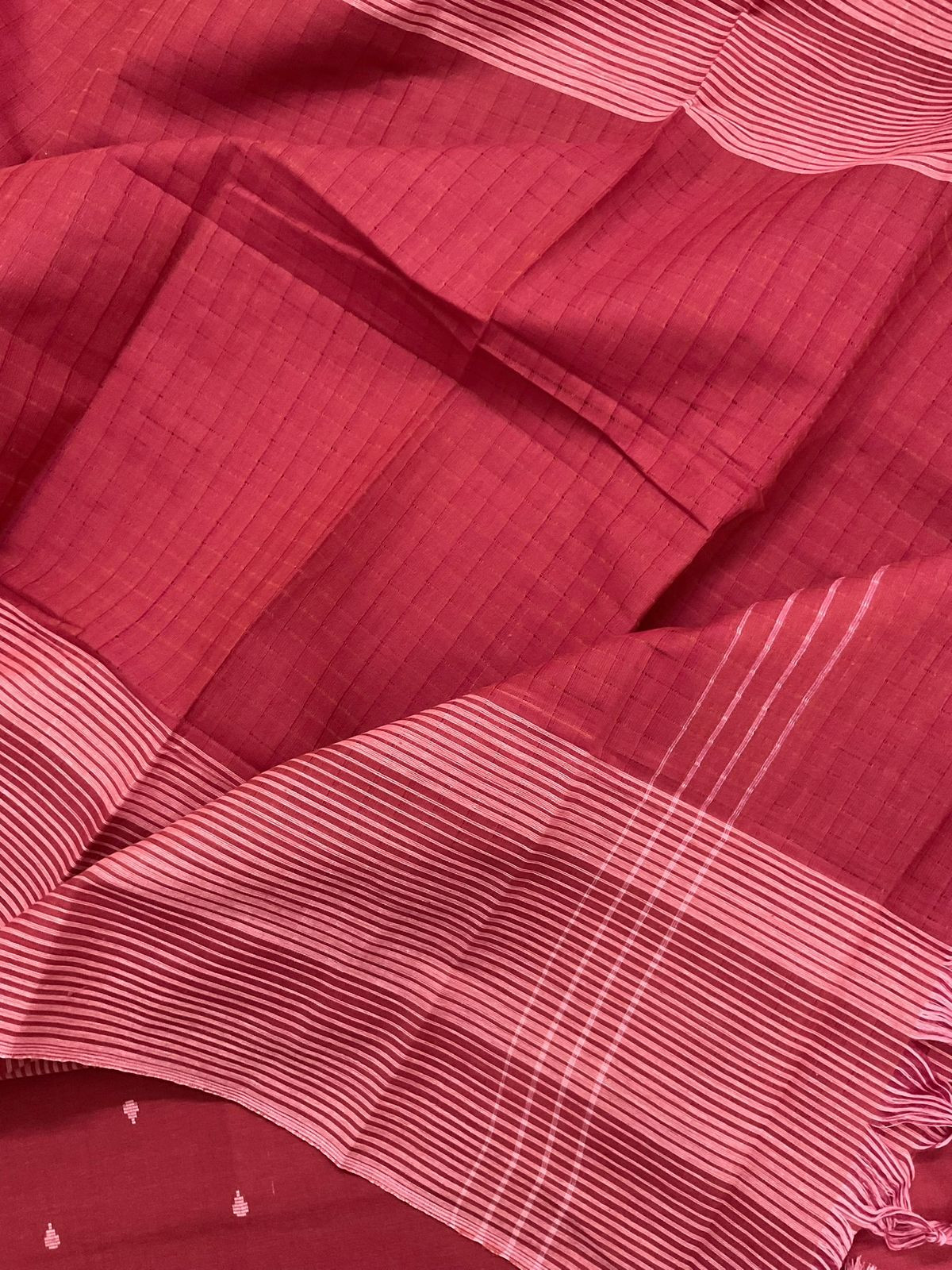 Pure Handloom Cotton Self Weaved Suit - Red