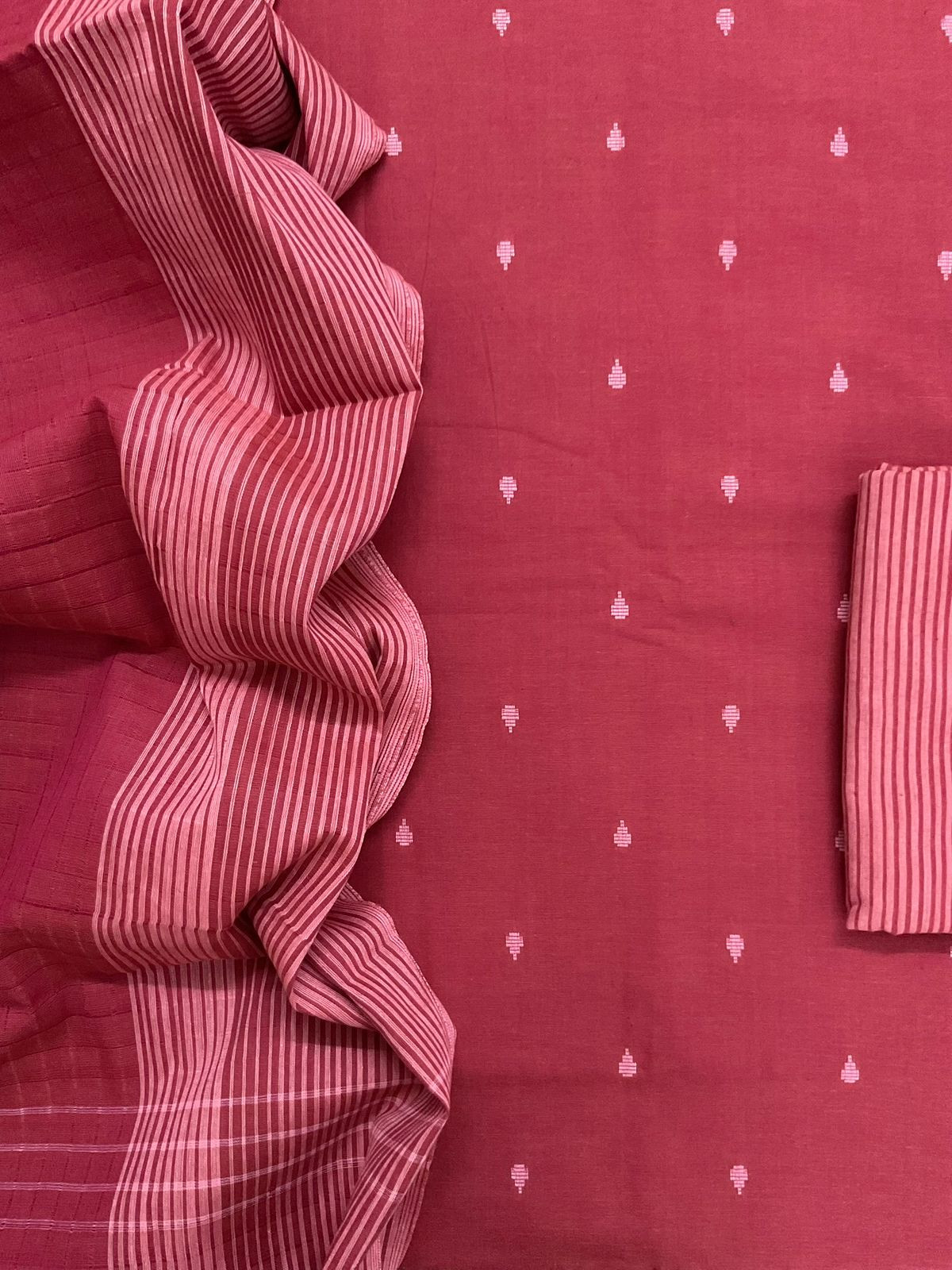 Pure Handloom Cotton Self Weaved Suit - Red