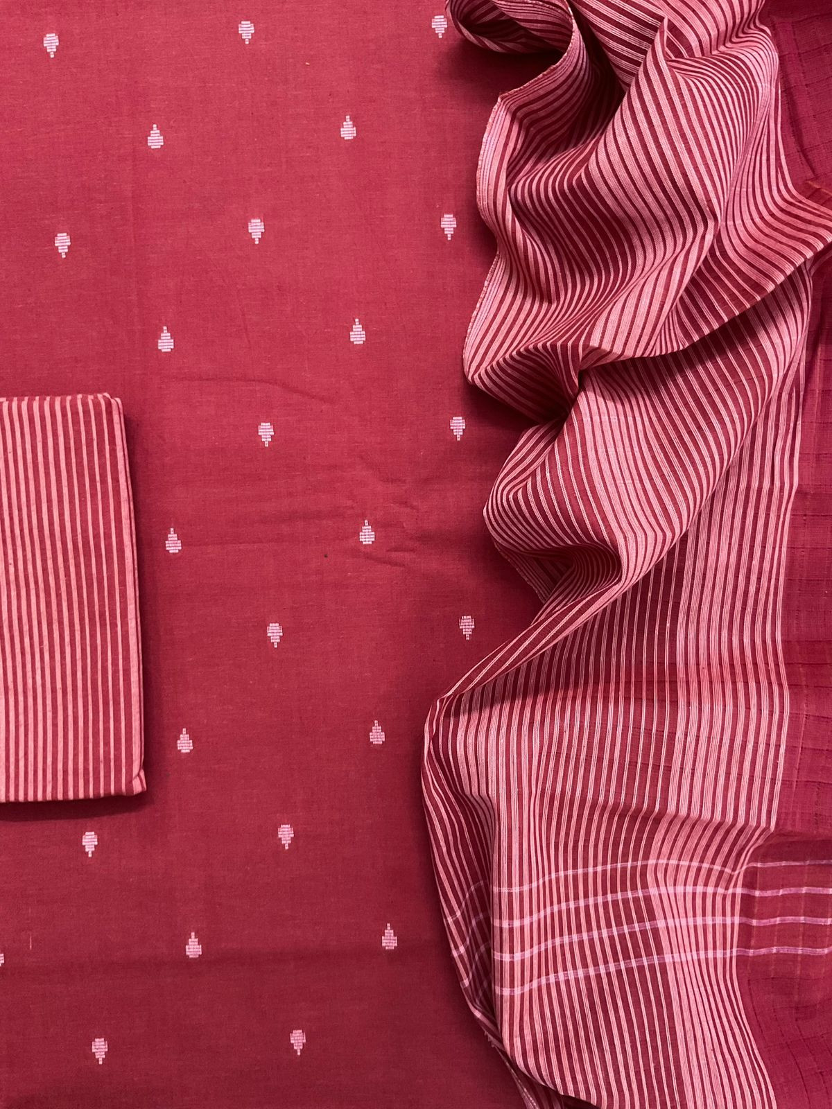 Pure Handloom Cotton Self Weaved Suit - Red