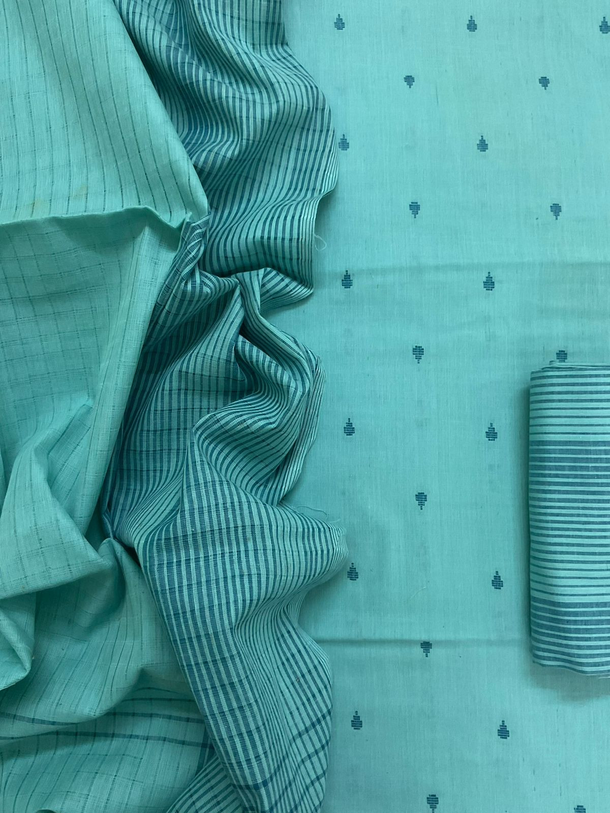 Pure Handloom Cotton Self Weaved Suit - Blue