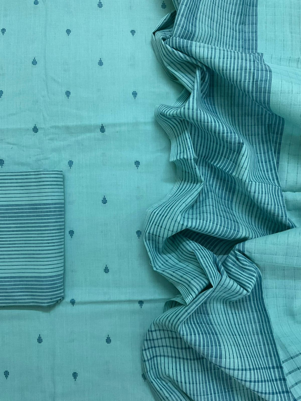 Pure Handloom Cotton Self Weaved Suit - Blue