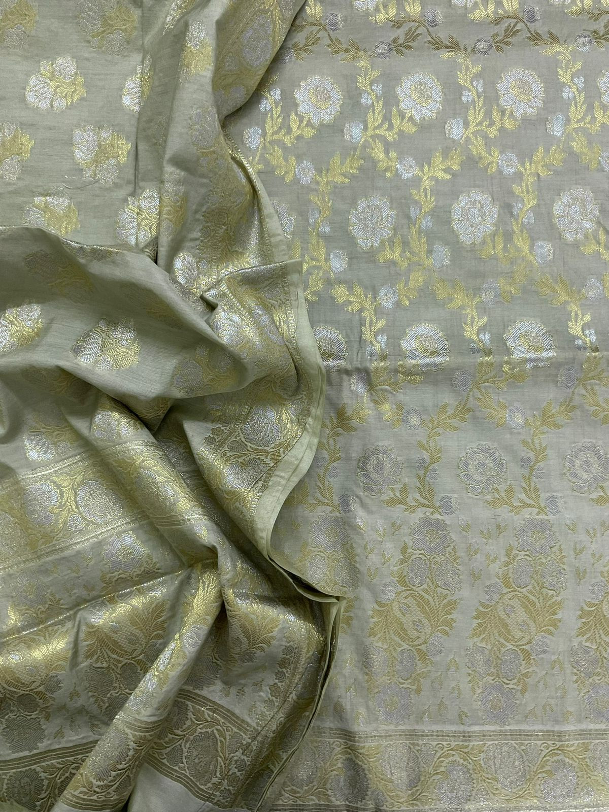 Soft Chanderi Banarasi Weaved Suit - Greyish Green