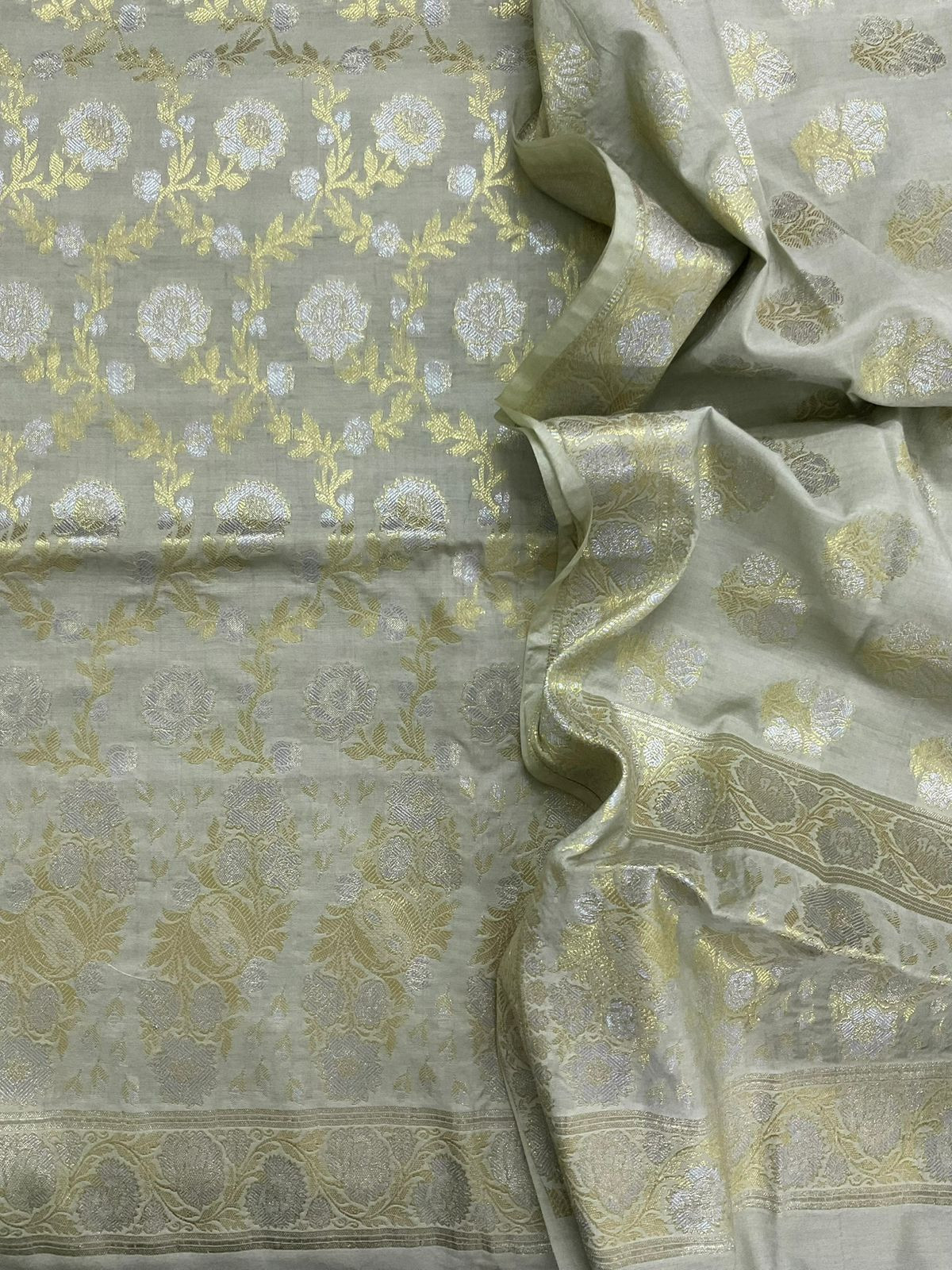 Soft Chanderi Banarasi Weaved Suit - Greyish Green