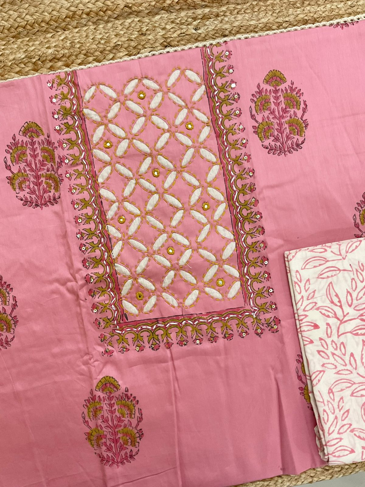 Pure Jaam Cotton Printed Embroidered Suit - Pink