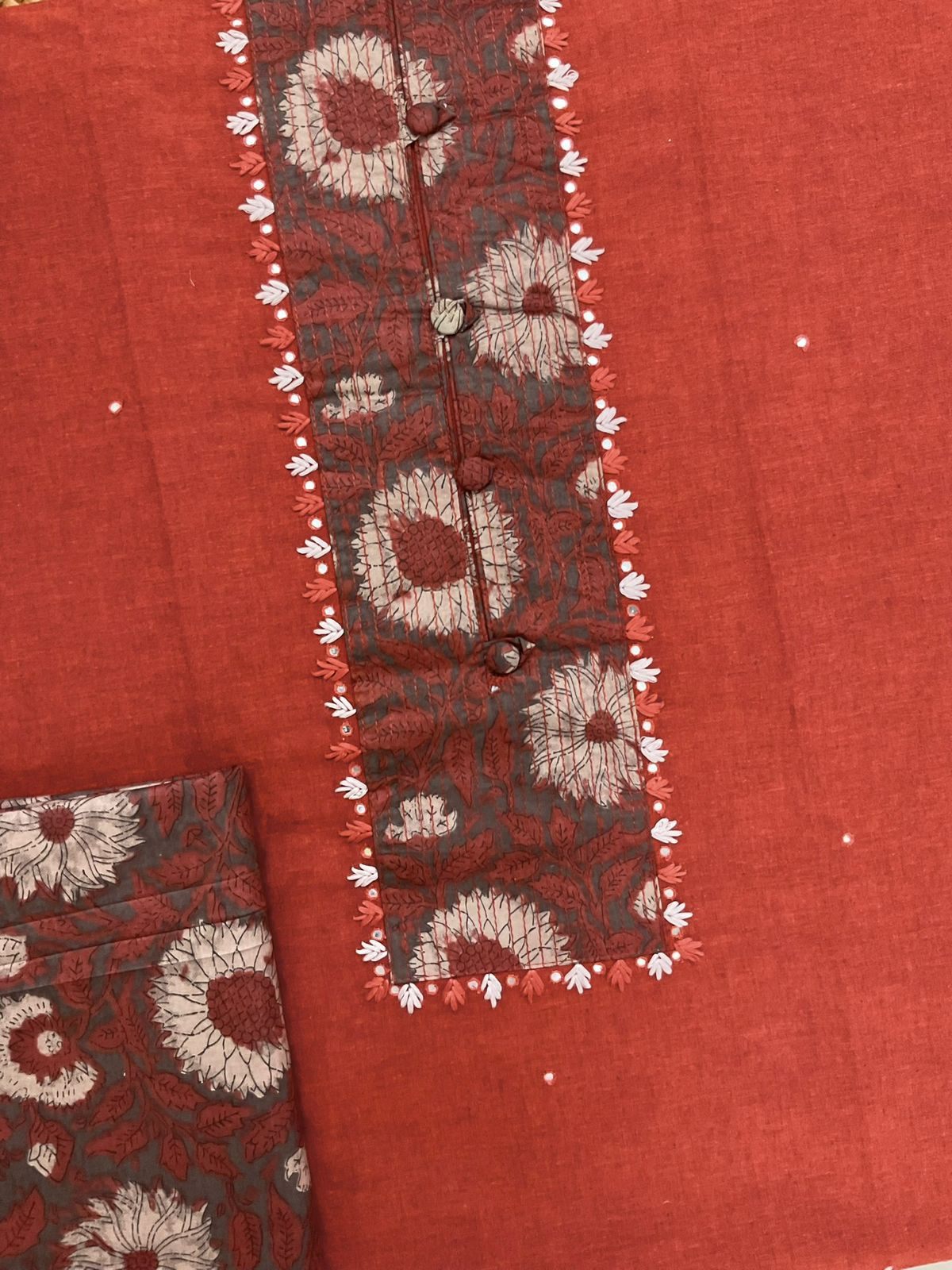 Pure Handloom Cotton Printed Embroidered Suit - Brick Red