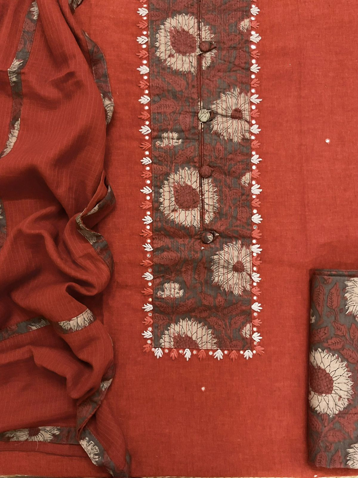Pure Handloom Cotton Printed Embroidered Suit - Brick Red