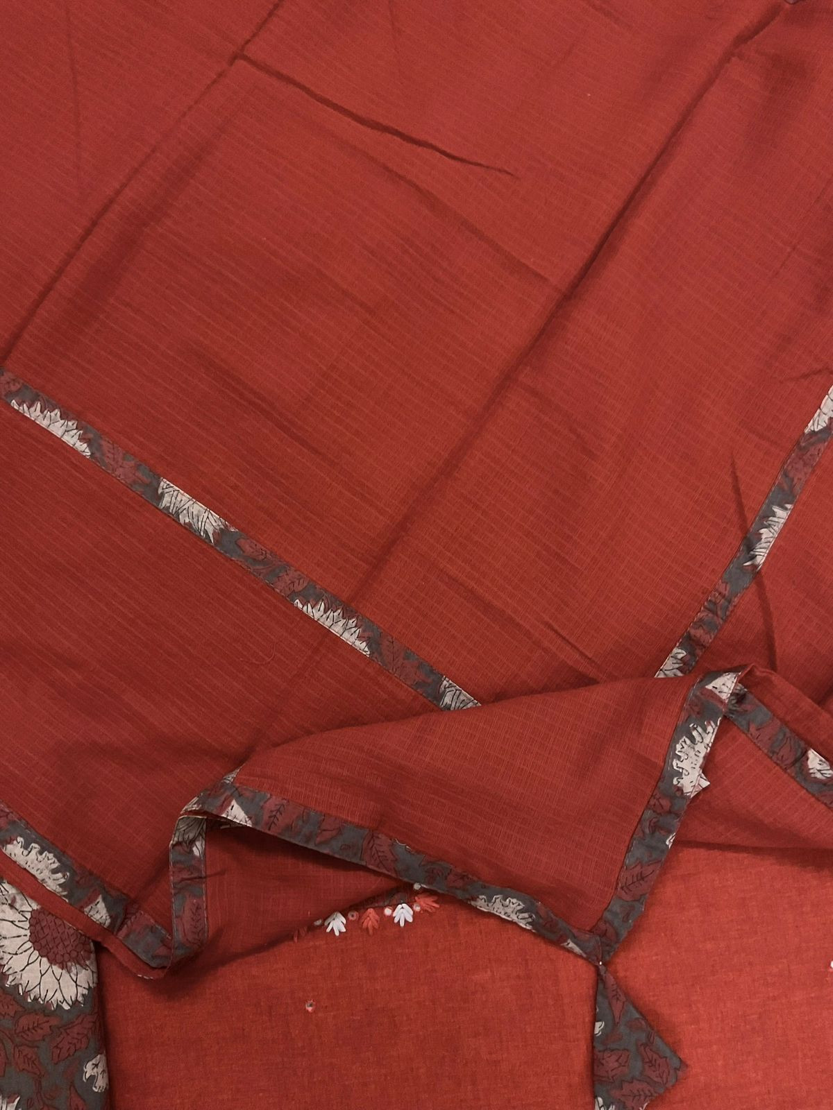 Pure Handloom Cotton Printed Embroidered Suit - Brick Red