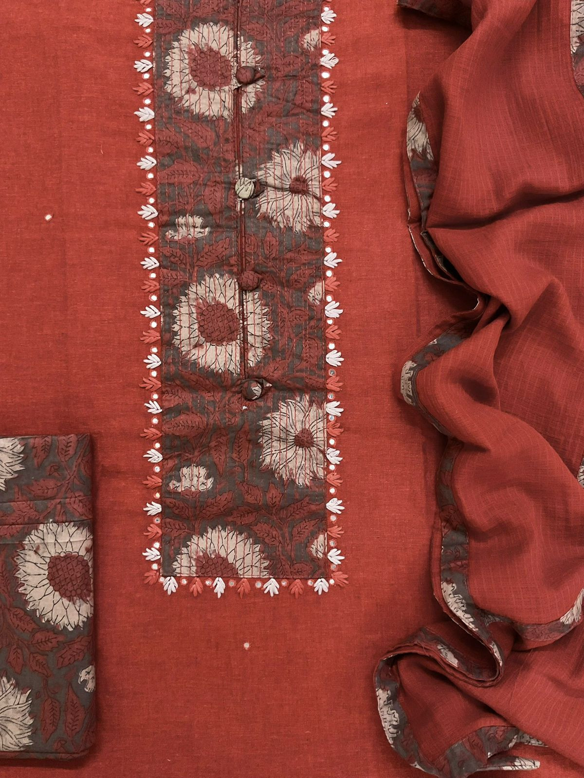 Pure Handloom Cotton Printed Embroidered Suit - Brick Red