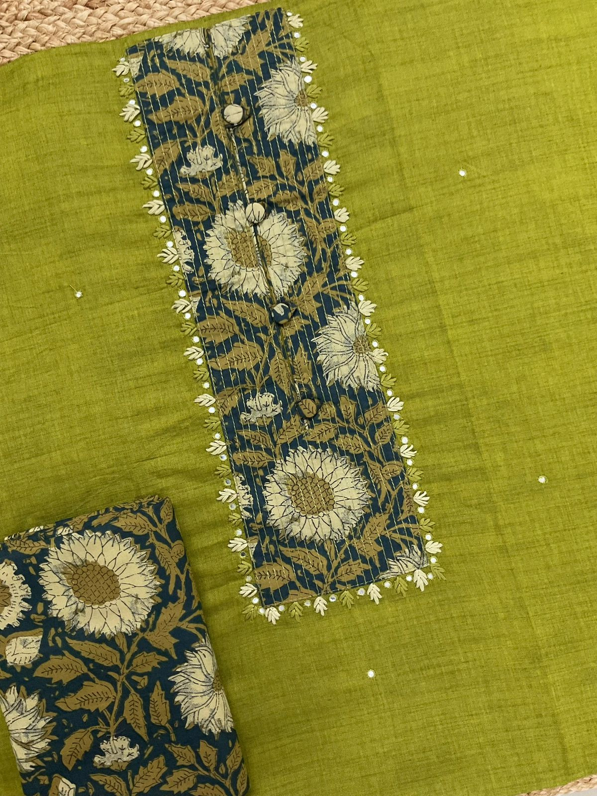 Pure Handloom Cotton Printed Embroidered Suit - Green