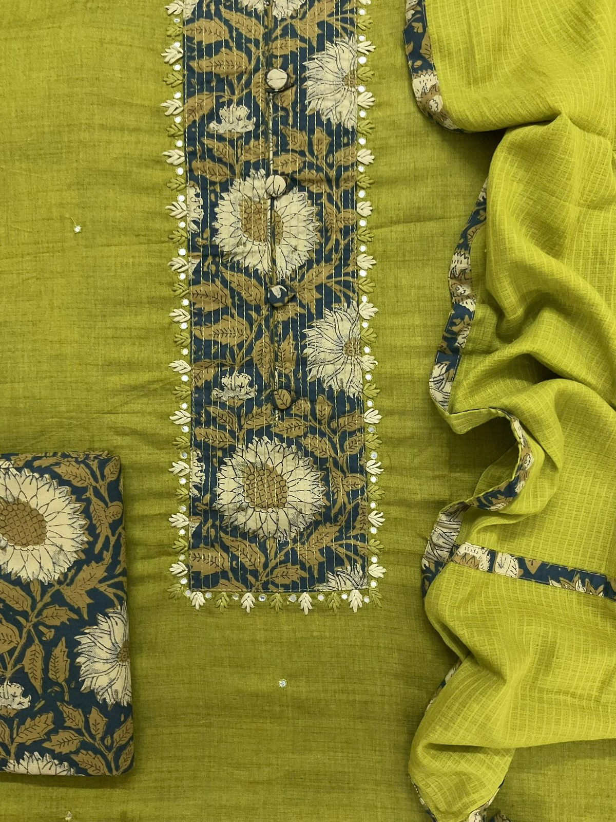 Pure Handloom Cotton Printed Embroidered Suit - Green