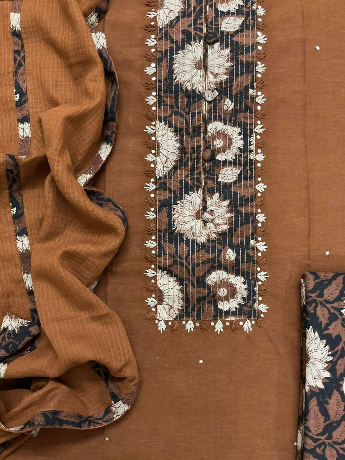 Pure Handloom Cotton Printed Embroidered Suit - Brown