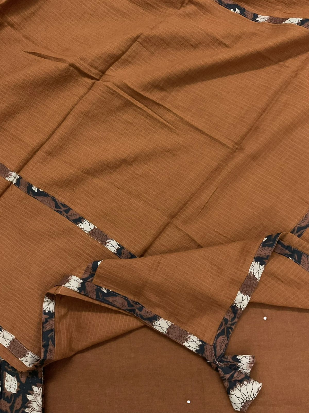 Pure Handloom Cotton Printed Embroidered Suit - Brown