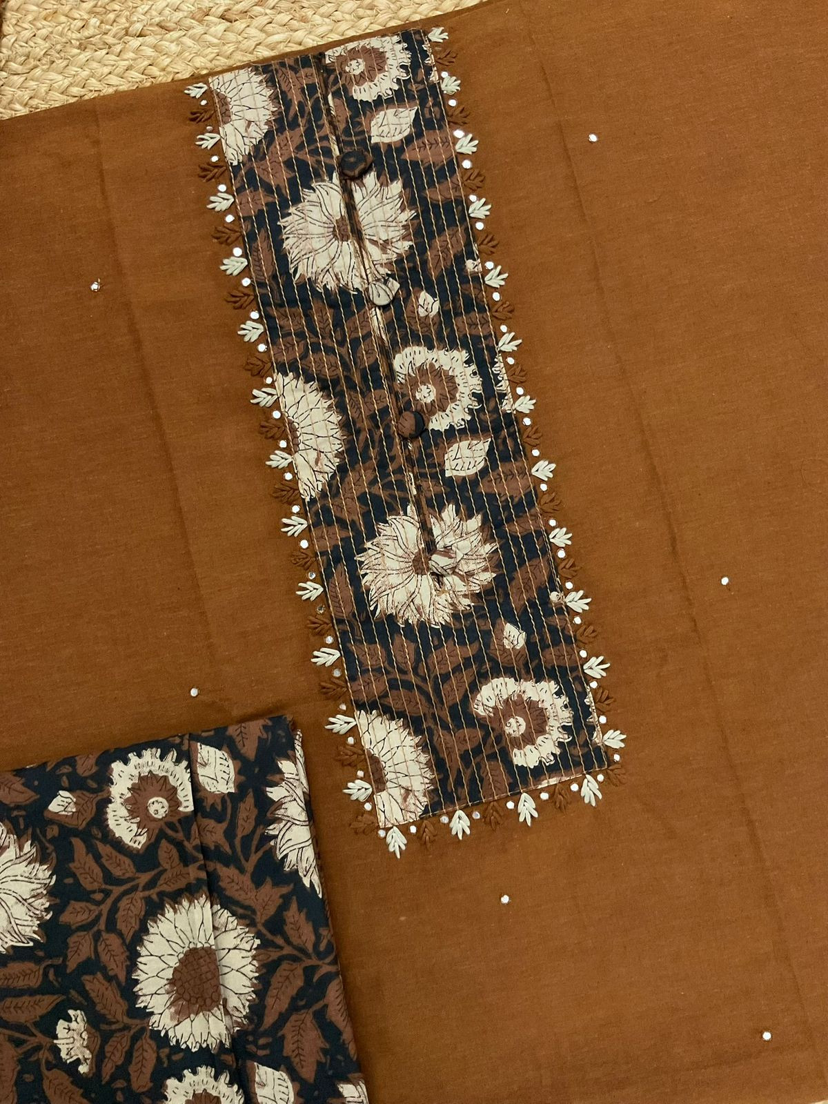 Pure Handloom Cotton Printed Embroidered Suit - Brown