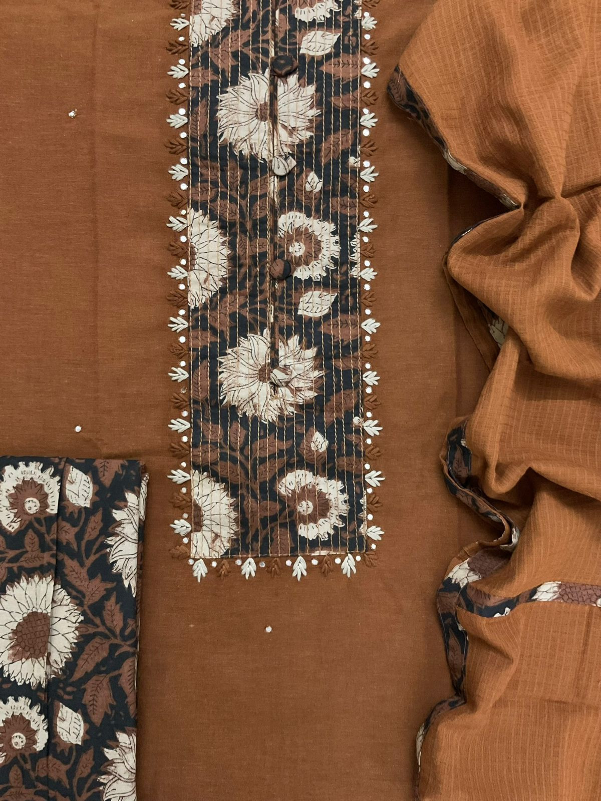 Pure Handloom Cotton Printed Embroidered Suit - Brown