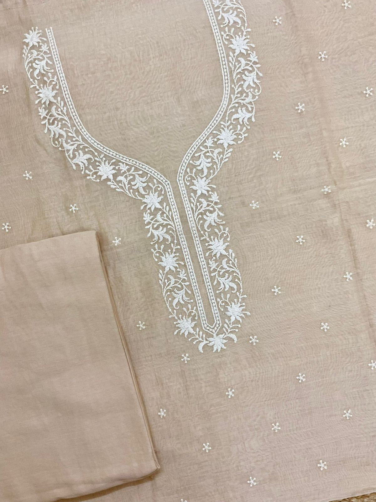 Pure Mul Chanderi Embroidered Suit - Beige