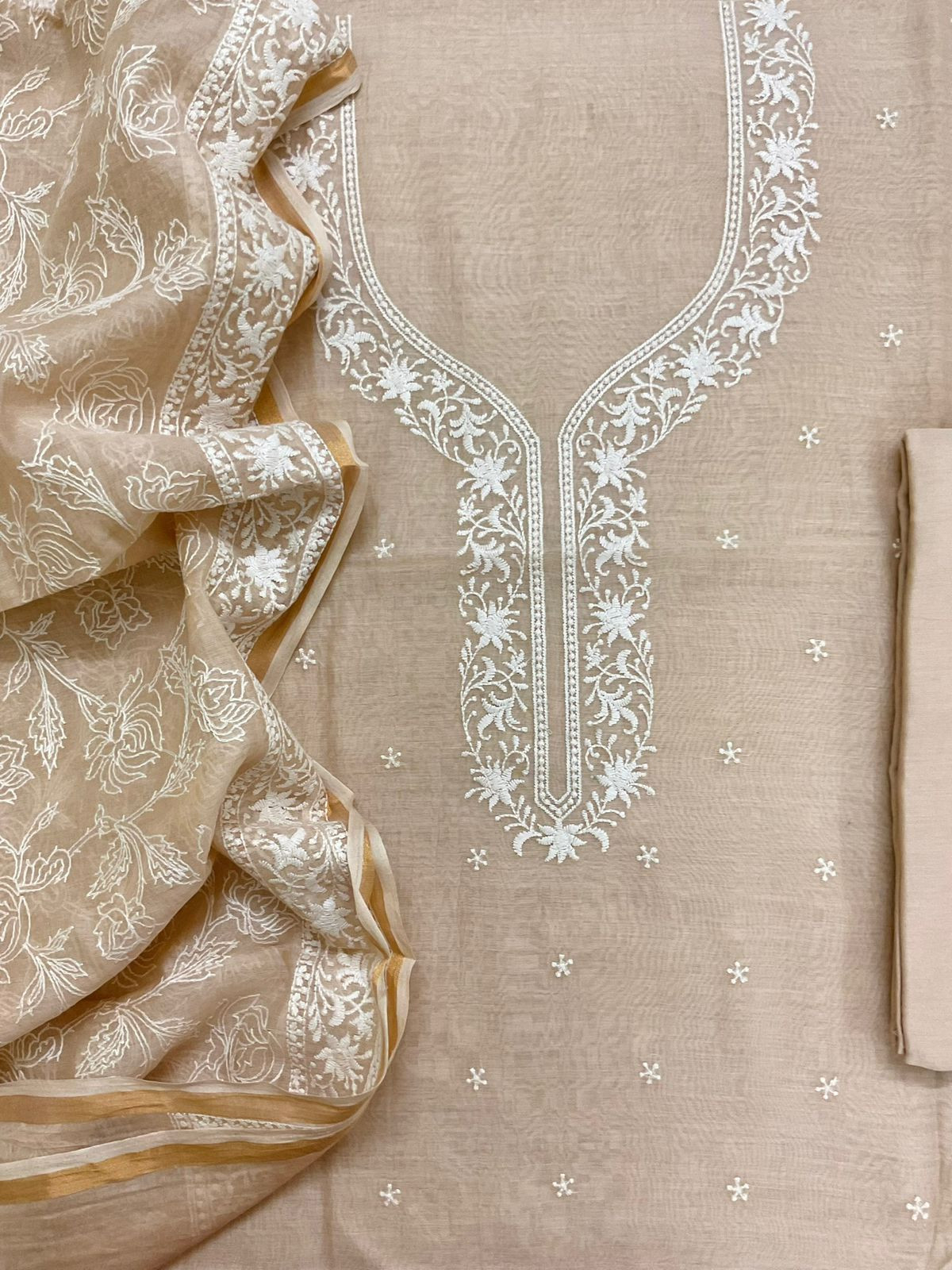Pure Mul Chanderi Embroidered Suit - Beige