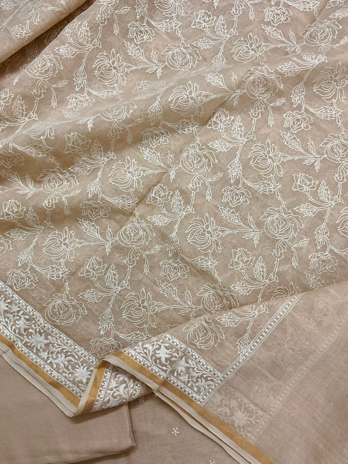 Pure Mul Chanderi Embroidered Suit - Beige