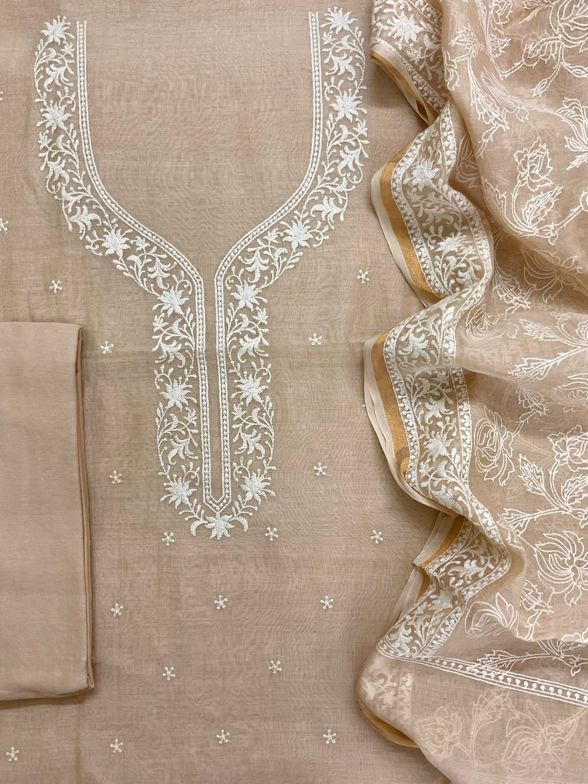 Pure Mul Chanderi Embroidered Suit - Beige