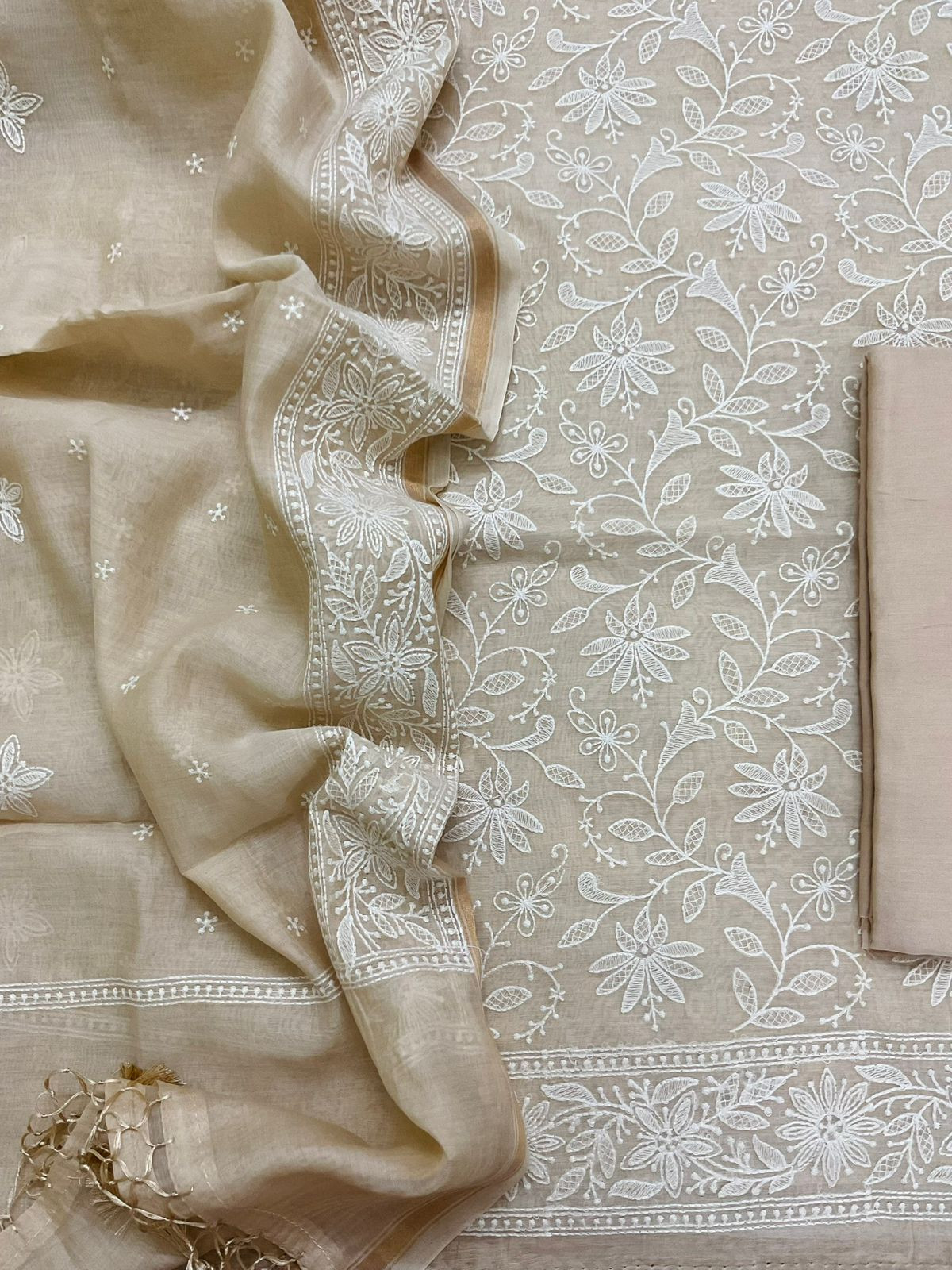 Pure Mul Chanderi Embroidered Suit - Beige