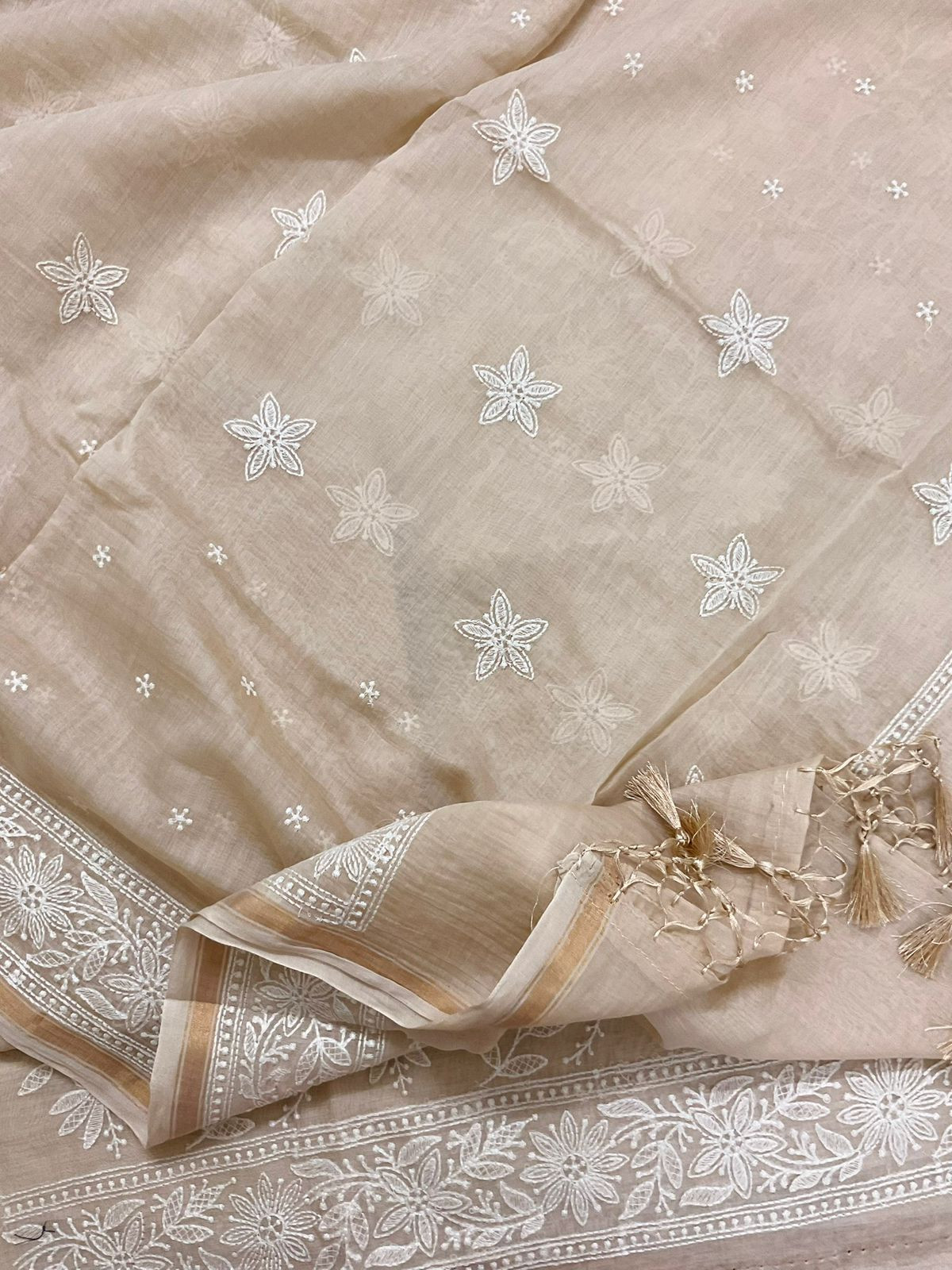 Pure Mul Chanderi Embroidered Suit - Beige
