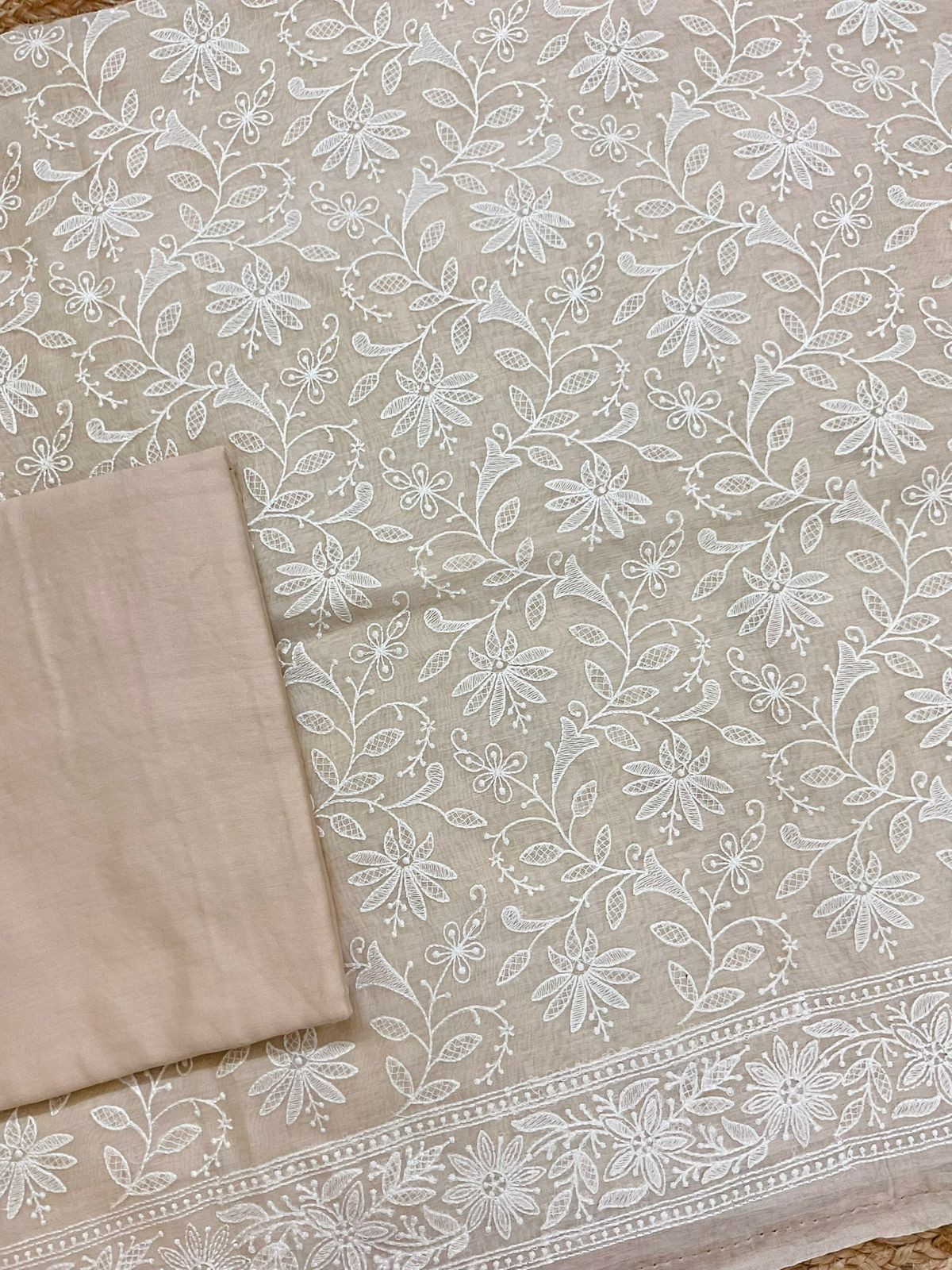 Pure Mul Chanderi Embroidered Suit - Beige