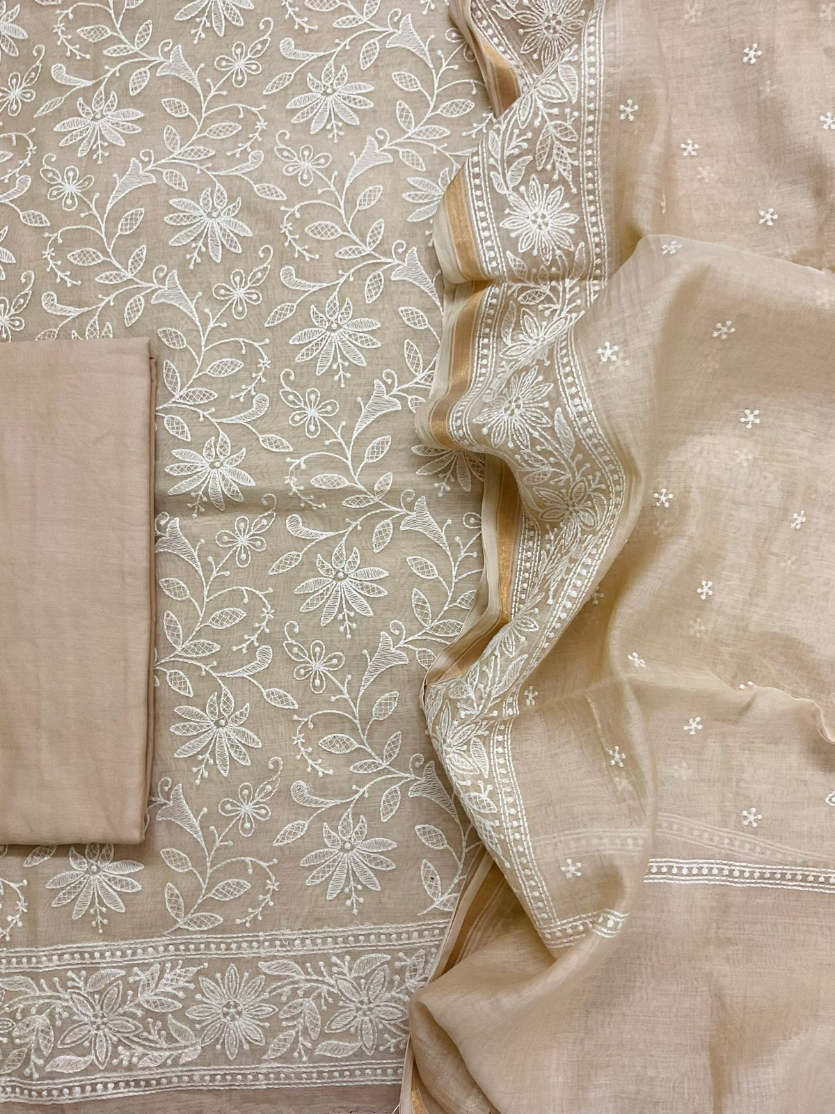 Pure Mul Chanderi Embroidered Suit - Beige