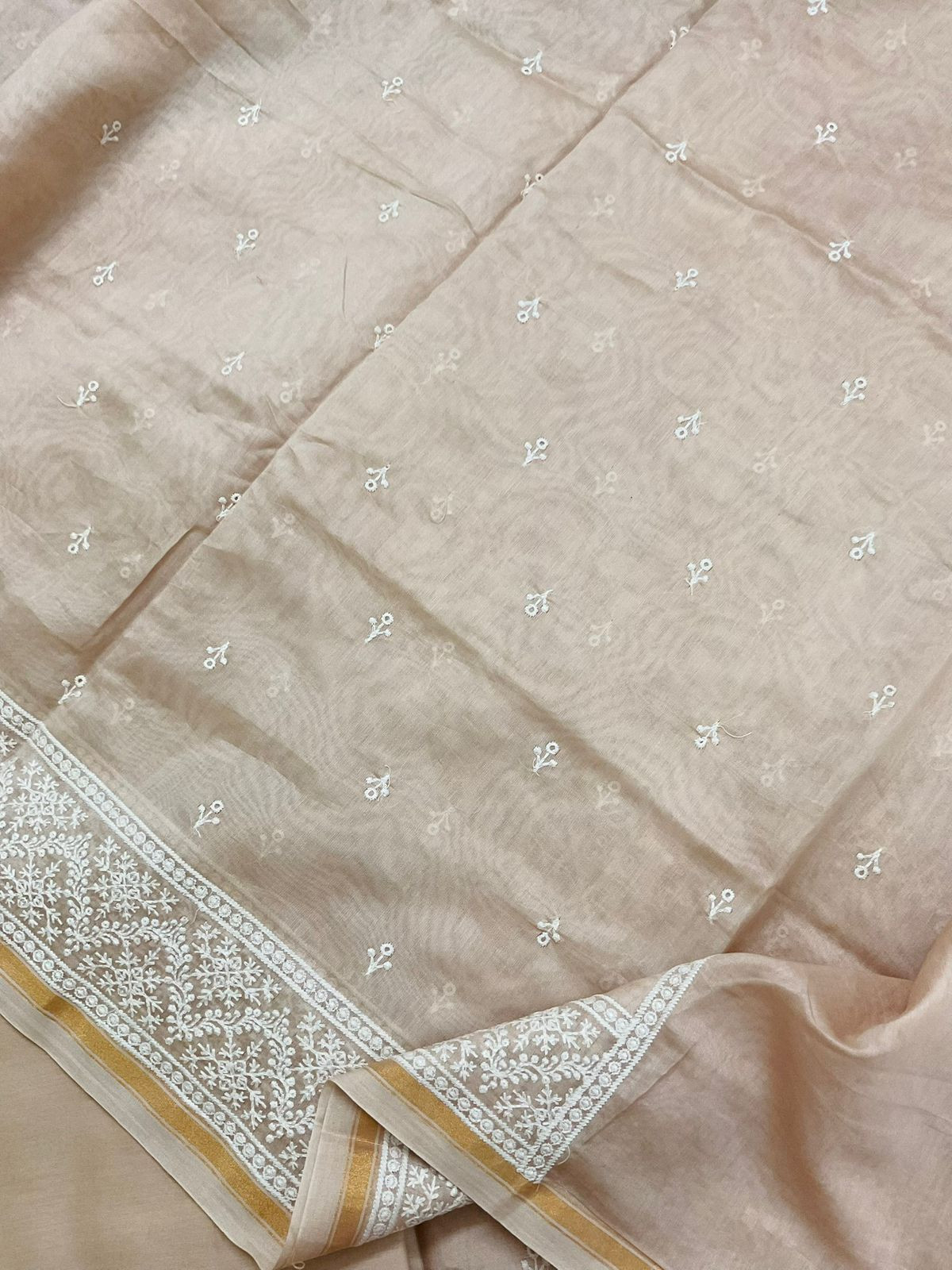 Pure Mul Chanderi Embroidered Suit - Beige