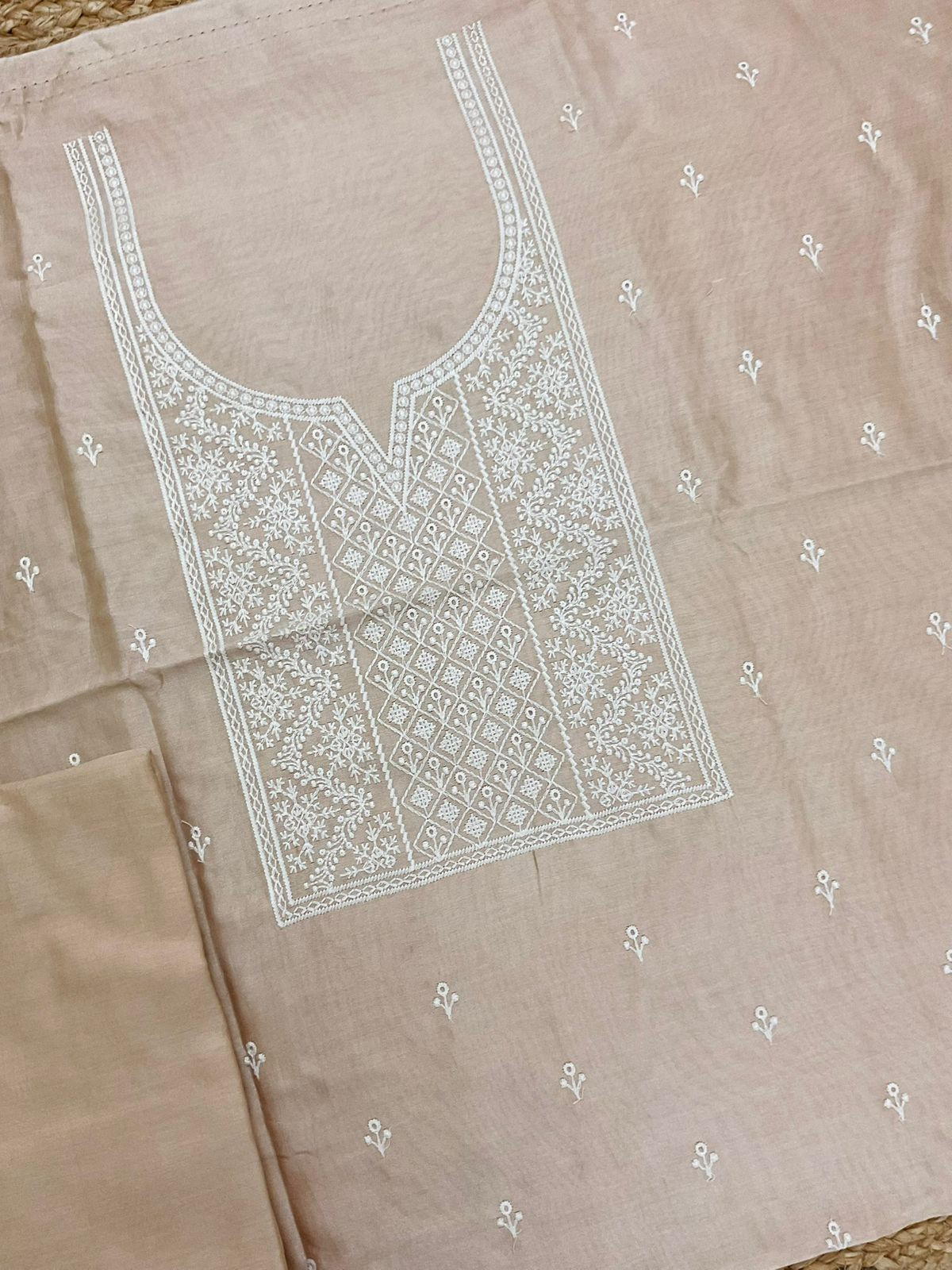Pure Mul Chanderi Embroidered Suit - Beige