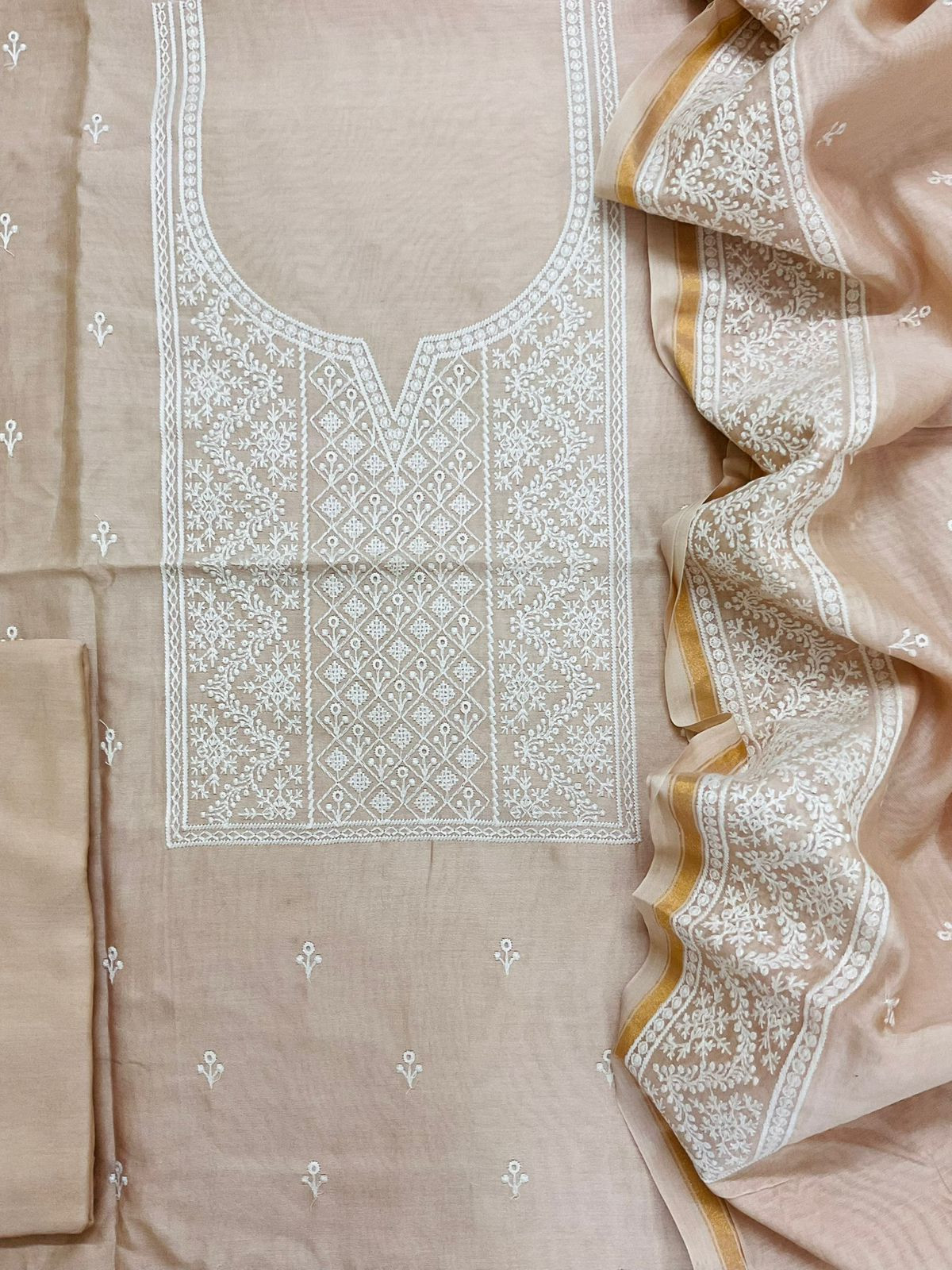Pure Mul Chanderi Embroidered Suit - Beige